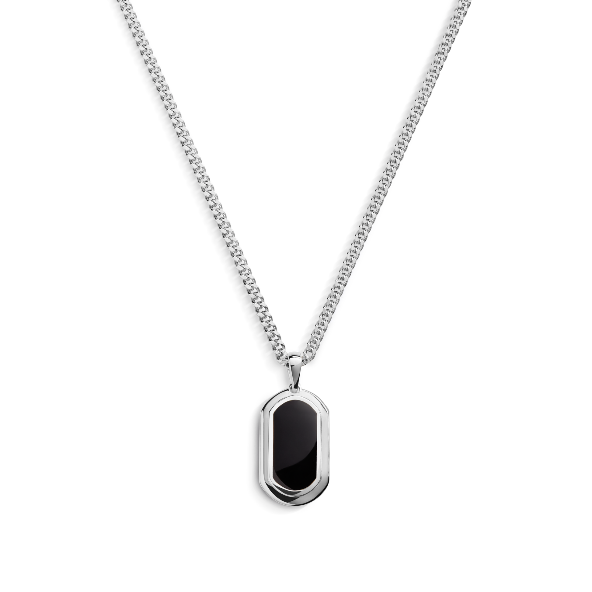 The Shinola Onyx Tag Necklace features a sterling silver chain and an oval black onyx pendant set in polished silver, displayed on a white background.