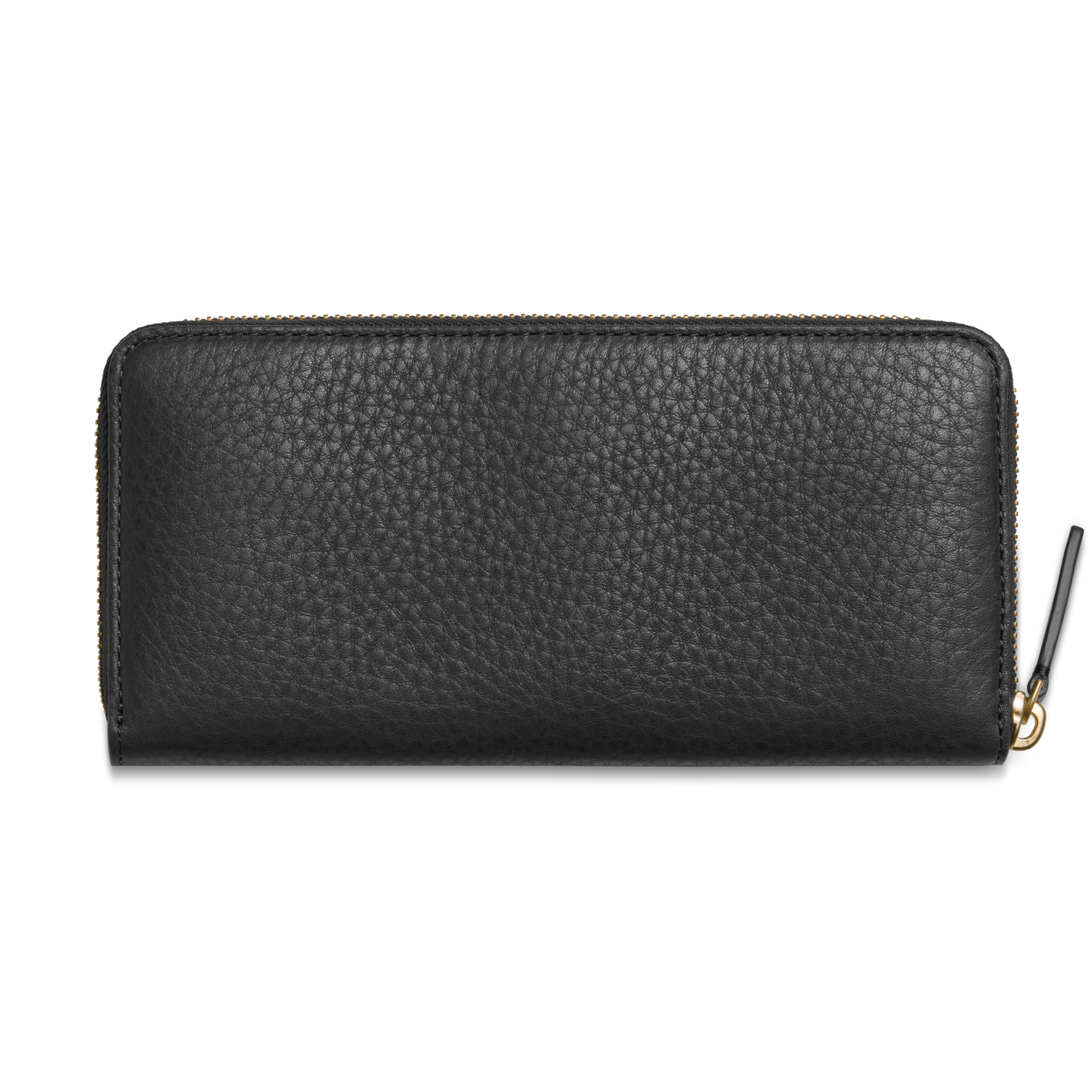 The Shinola Continental Zip Wallet - Black showcases natural grain leather with a textured finish, gold zipper, card pockets, and a black zipper pull—displayed against a plain light background.
