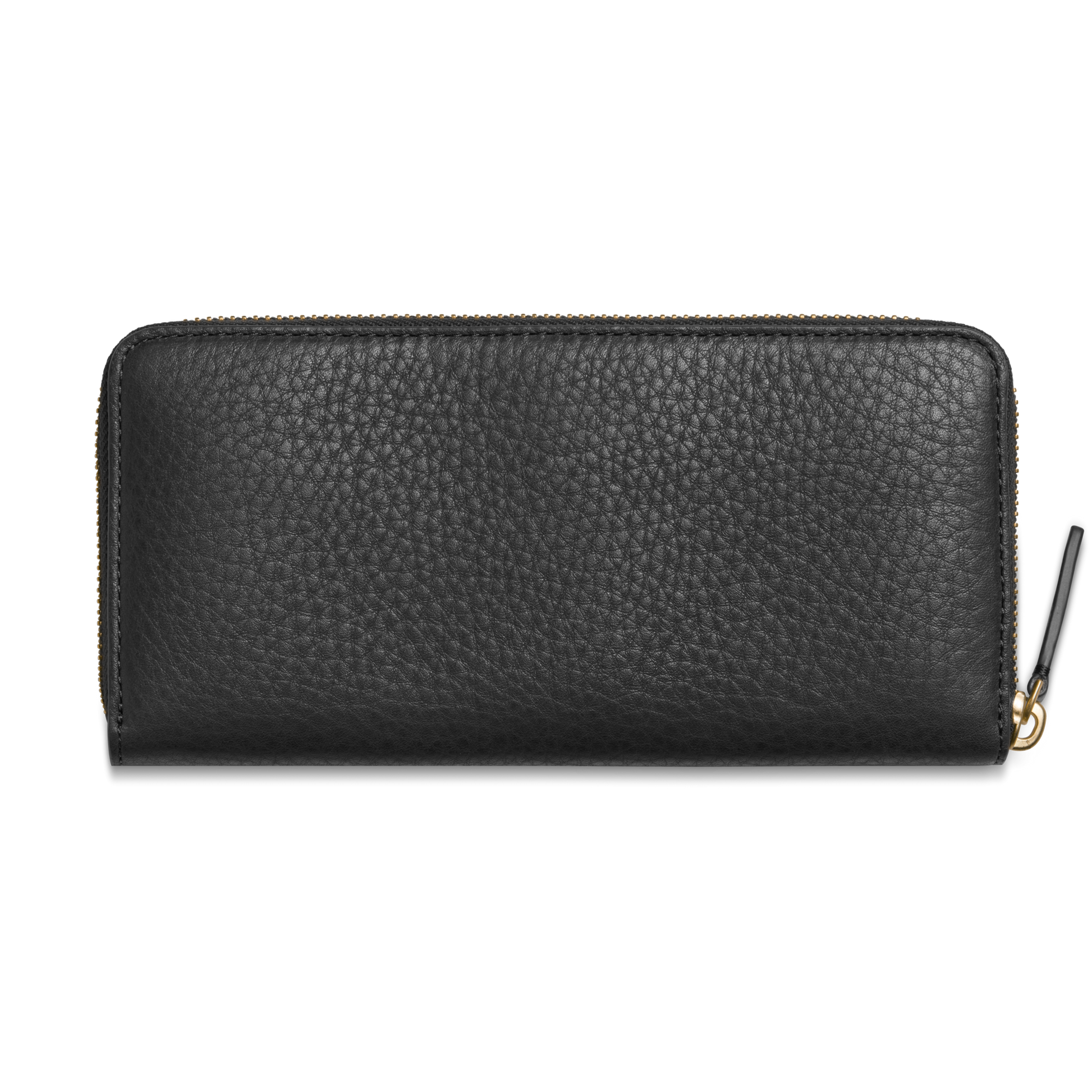 The Shinola Continental Zip Wallet - Black showcases natural grain leather with a textured finish, gold zipper, card pockets, and a black zipper pull—displayed against a plain light background.