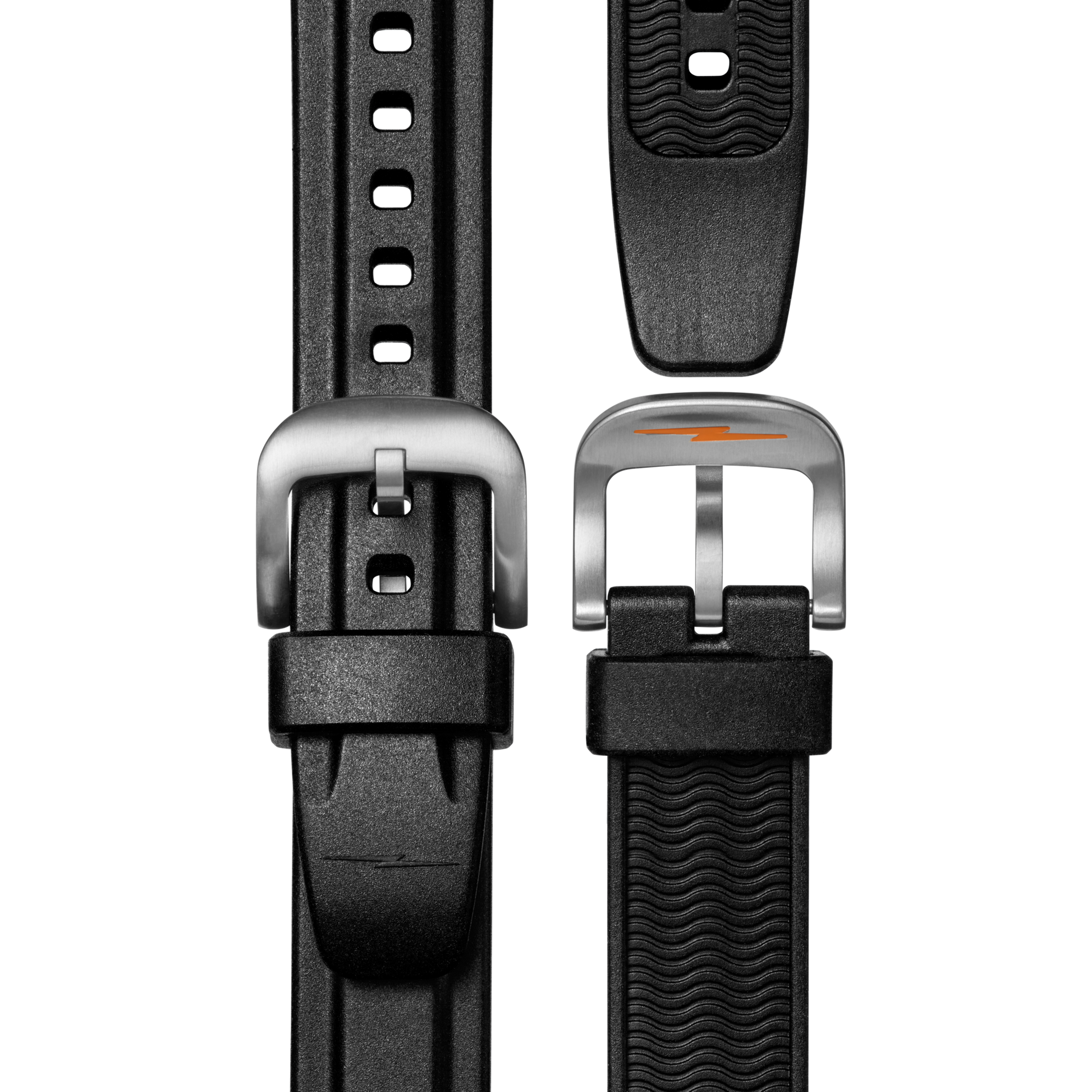 Close-up of the black rubber strap with silver buckle from the Shinola Runwell Chronograph West Wind Watch Gift Set. Rated 20 ATM, it features a subtle textured pattern, multiple holes, and an orange interior design near the buckle.