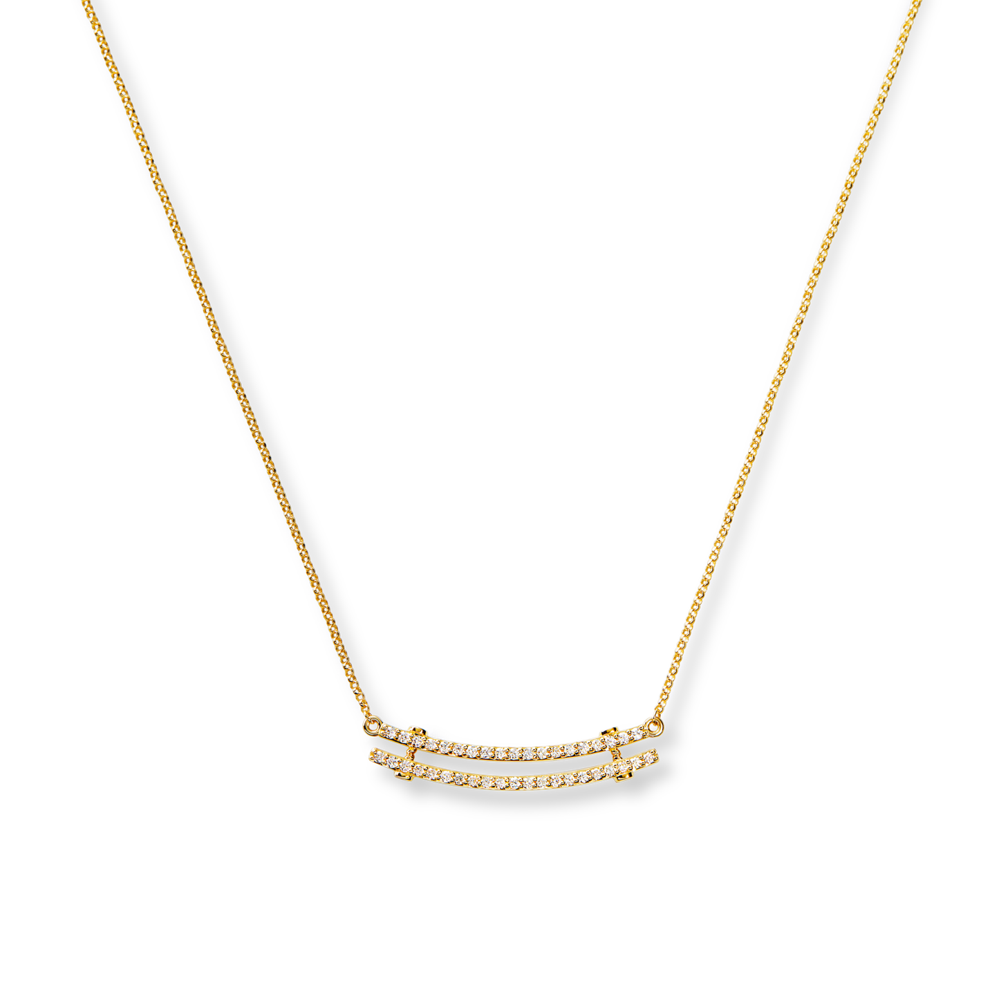 The Shinola Diamond Pave Rivet Double Row Necklace in 14k yellow gold features two parallel rows of sparkling white stones set on a slim gold chain, shown against a white background.