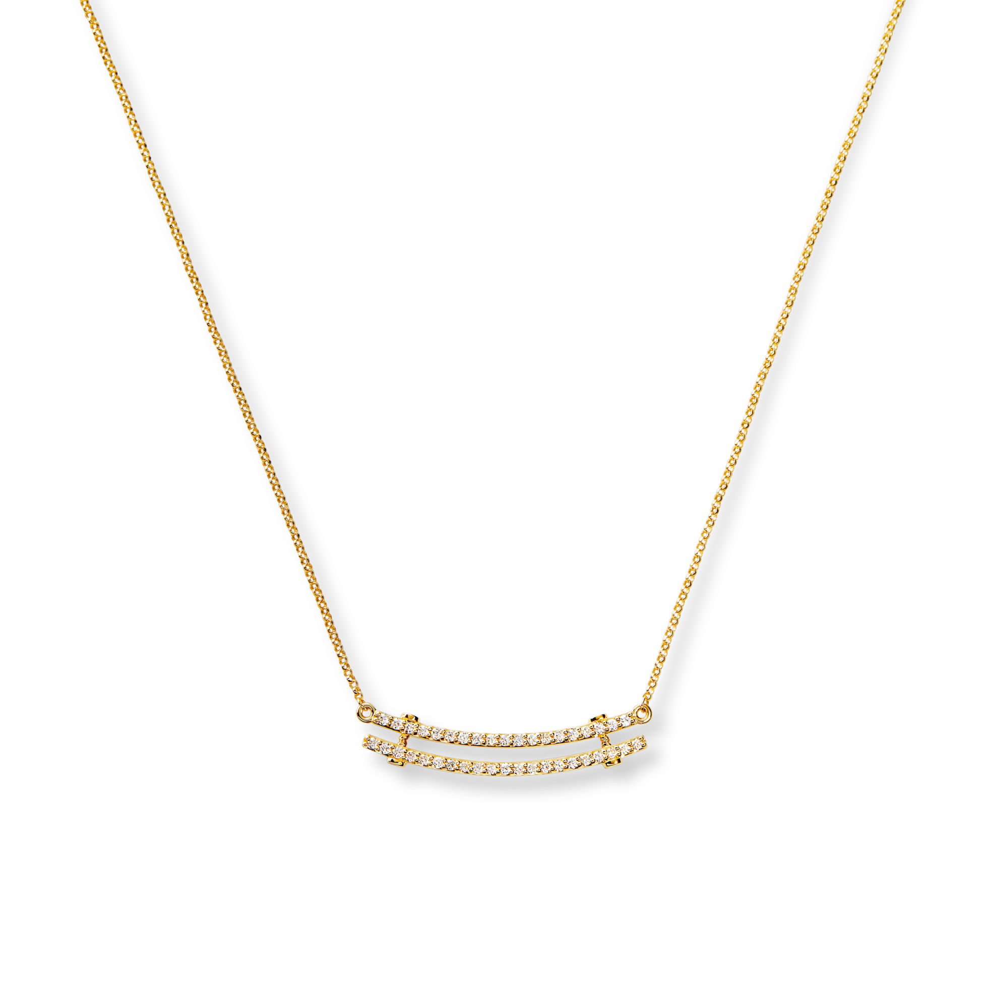 The Shinola Diamond Pave Rivet Double Row Necklace in 14k yellow gold features two parallel rows of sparkling white stones set on a slim gold chain, shown against a white background.