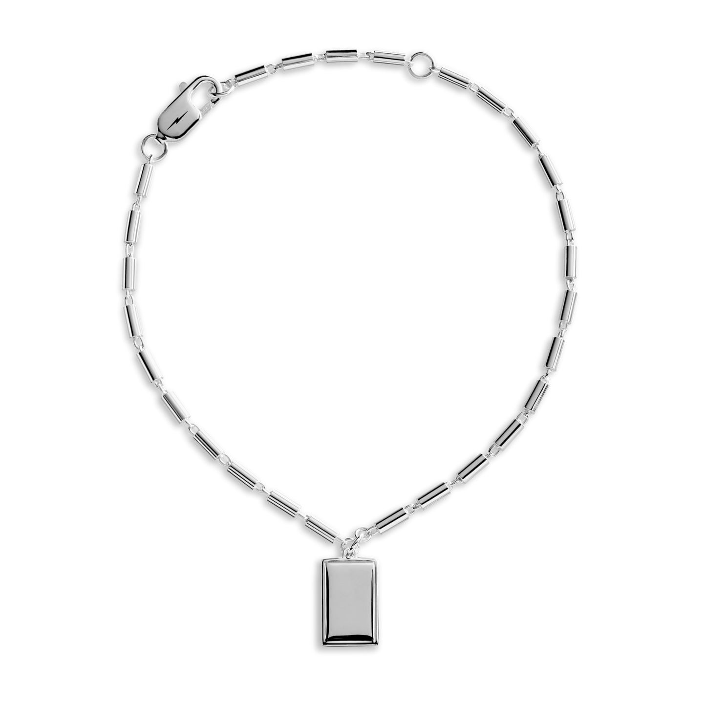 The Shinola Petite Rectangular Tag Chain Bracelet features sterling silver rectangular links and an engravable pendant, shown on a white background.