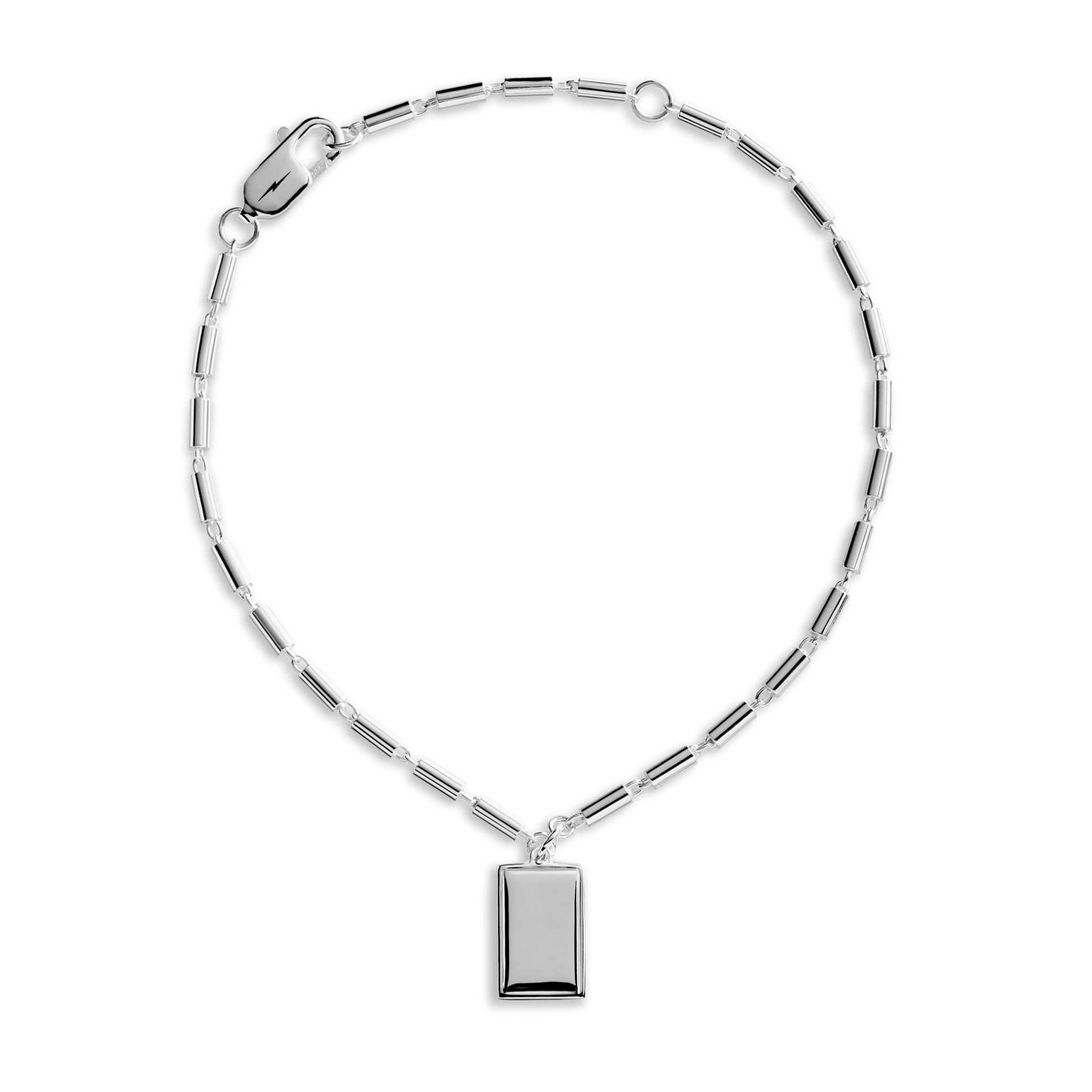 The Shinola Petite Rectangular Tag Chain Bracelet features sterling silver rectangular links and an engravable pendant, shown on a white background.