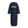 The Shinola Hotel Detroit Robe - Navy by Shinola is an ultra-plush cotton bathrobe with a belt, shown from the back, featuring "DETROIT" in bold white letters across the upper back.