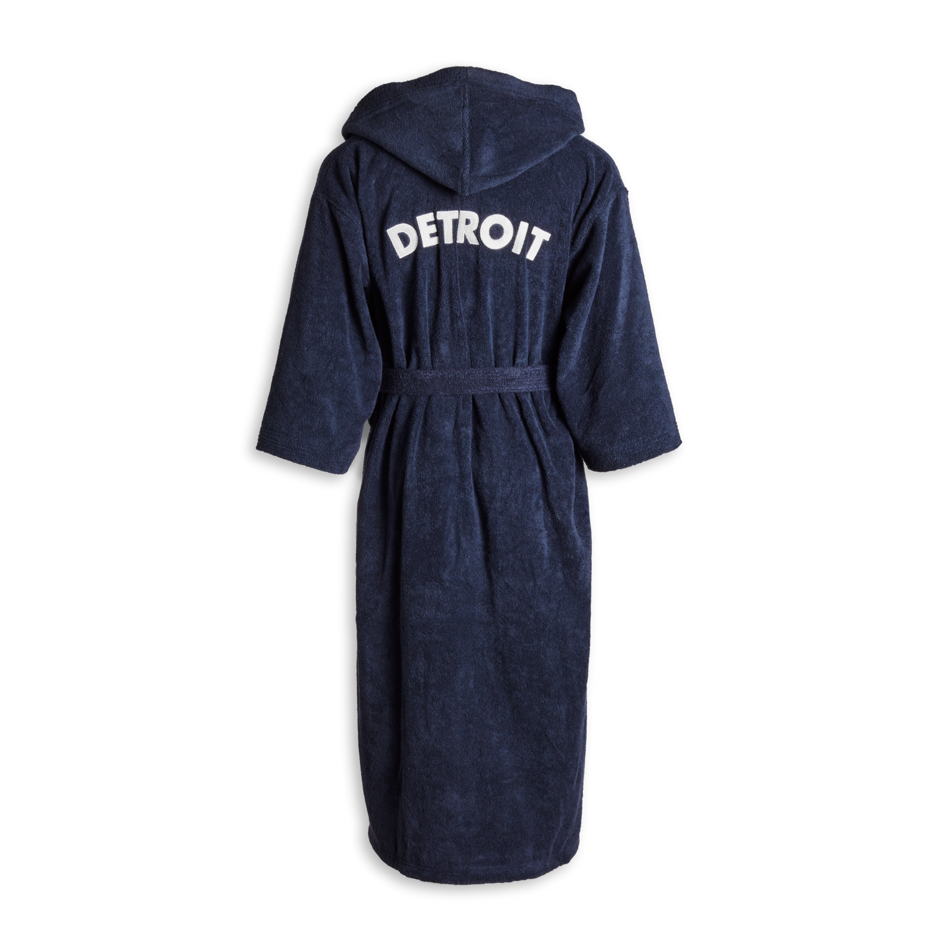 The Shinola Hotel Detroit Robe - Navy by Shinola is an ultra-plush cotton bathrobe with a belt, shown from the back, featuring "DETROIT" in bold white letters across the upper back.