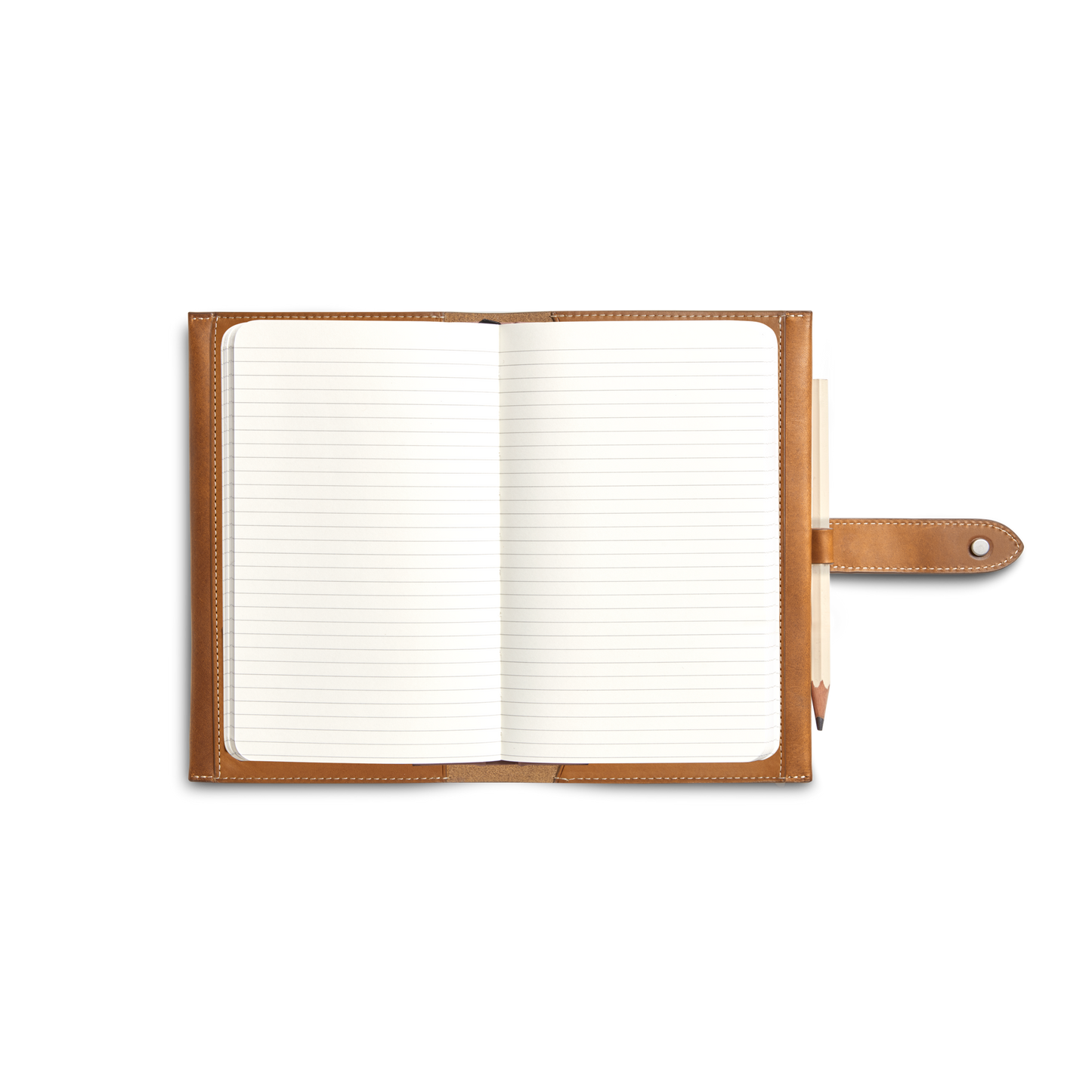 A Shinola Medium Snap Journal Cover in Tan Vachetta Italian leather, personalized and lined notebook inside, with a pen in the side loop, displayed on a plain white background.