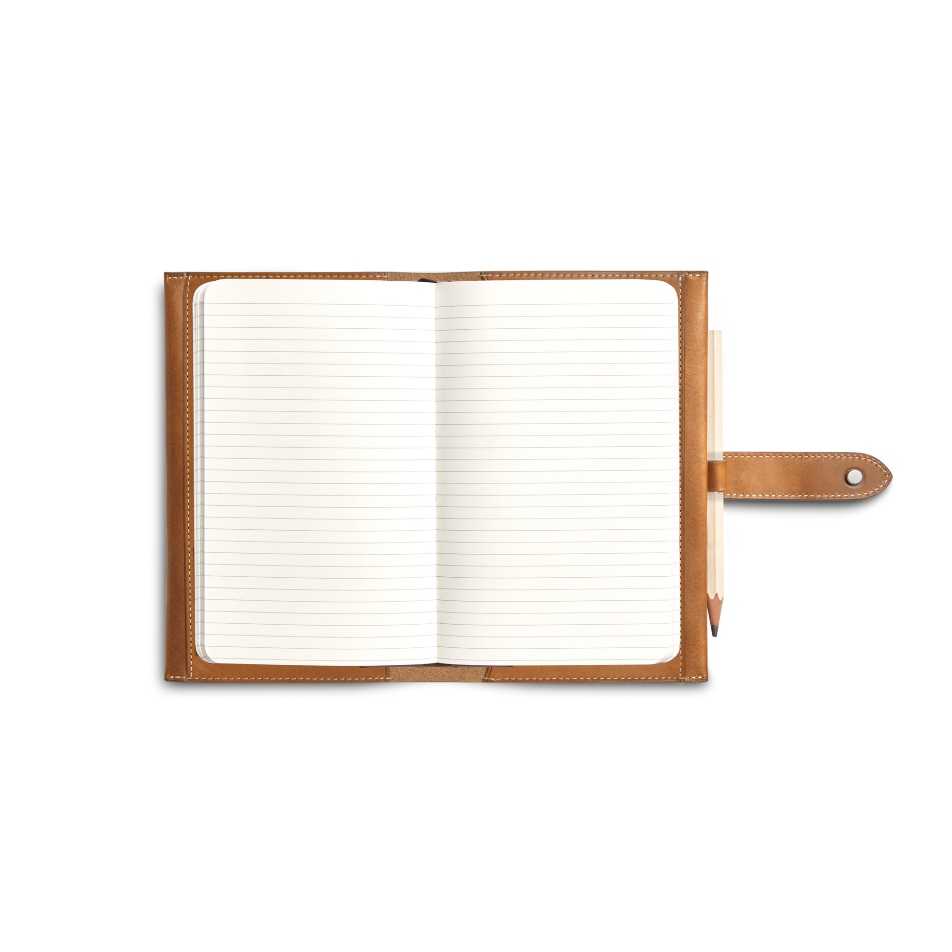 A Shinola Medium Snap Journal Cover in Tan Vachetta Italian leather, personalized and lined notebook inside, with a pen in the side loop, displayed on a plain white background.