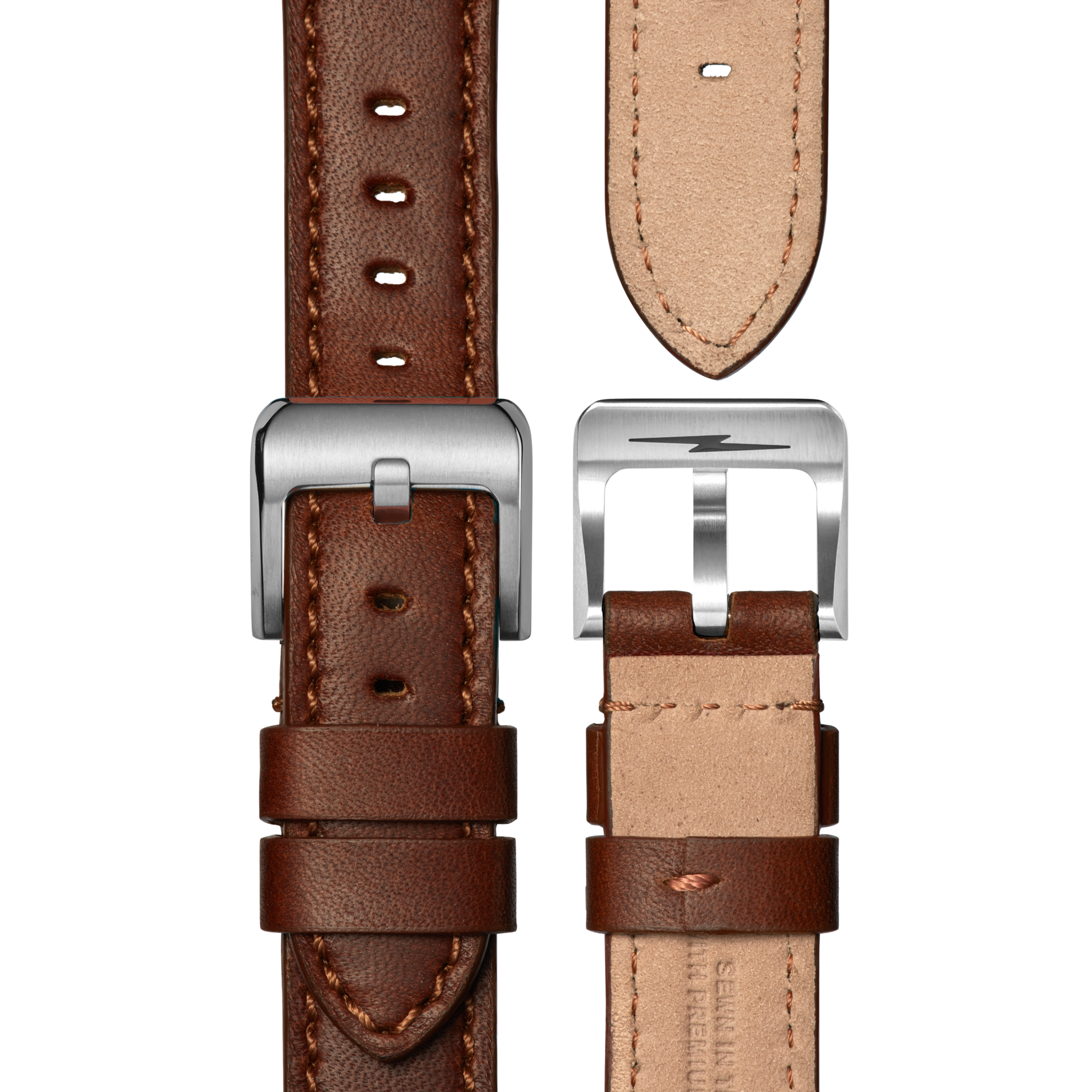 Brown leather watch strap with a silver buckle, shown front and back. Detailed stitching and tan underside pair perfectly with your Shinola Monster GMT Automatic Watch - Whiskey or any classic automatic timepiece.