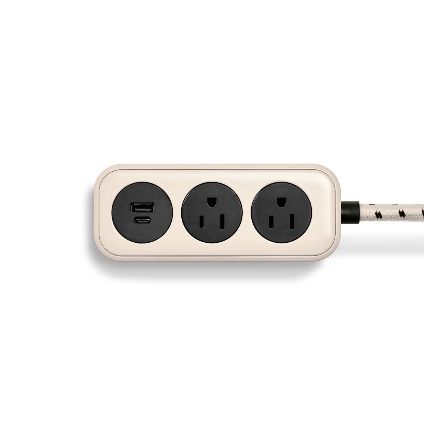 The Shinola 2 Port Power Supply - Cream features two standard three-prong outlets, fast-charging USB-A and USB-C ports, and a custom braided extension cord—all shown on a plain white background.