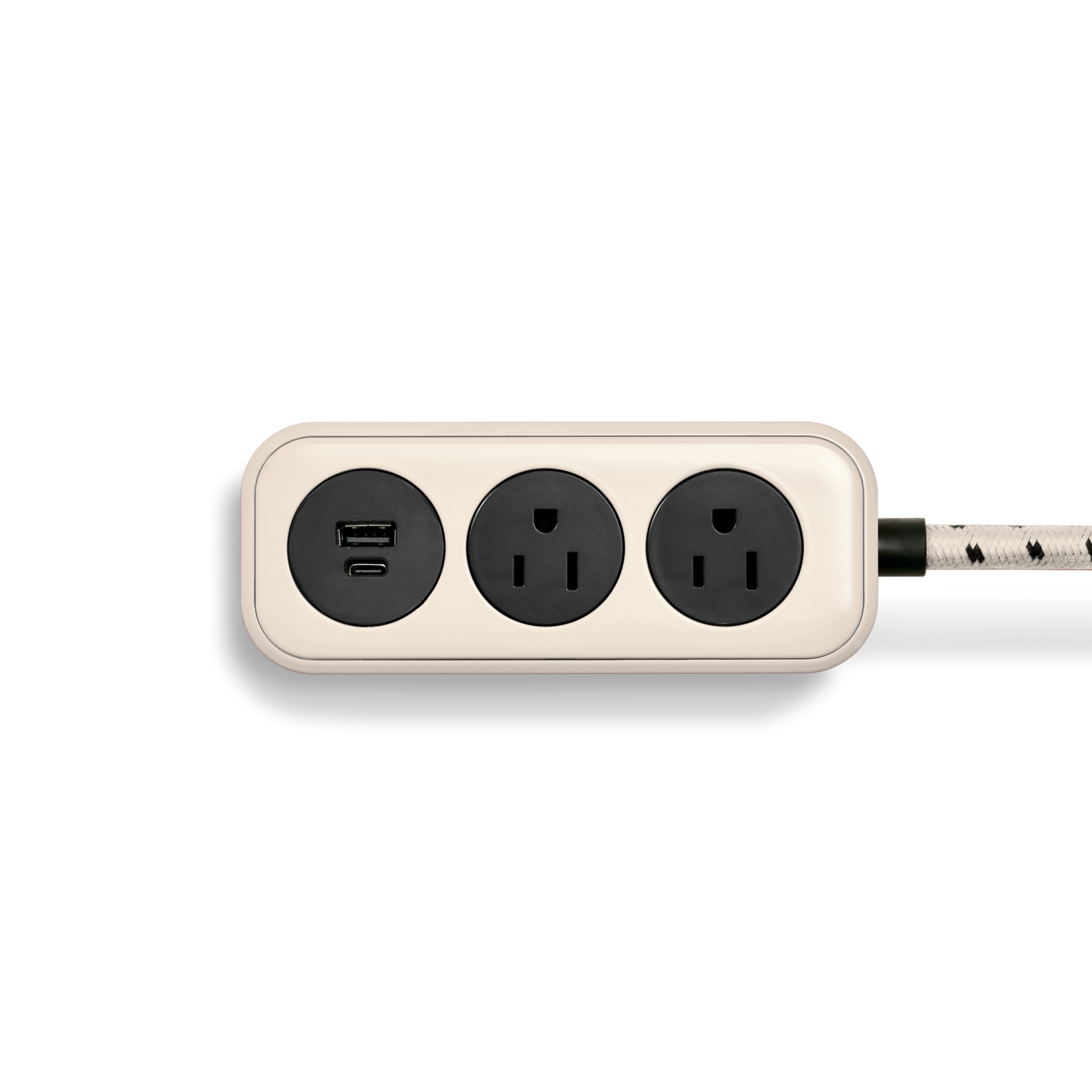The Shinola 2 Port Power Supply - Cream features two standard three-prong outlets, fast-charging USB-A and USB-C ports, and a custom braided extension cord—all shown on a plain white background.