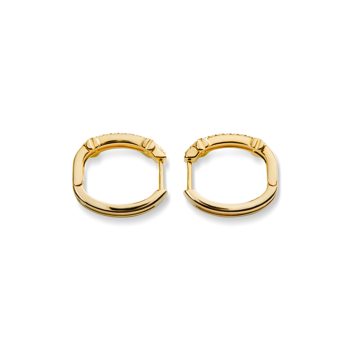 Shinola Diamond Pave Rivet Double Row Hoop Earrings in 14k yellow gold feature a geometric design, shown on a plain white background.