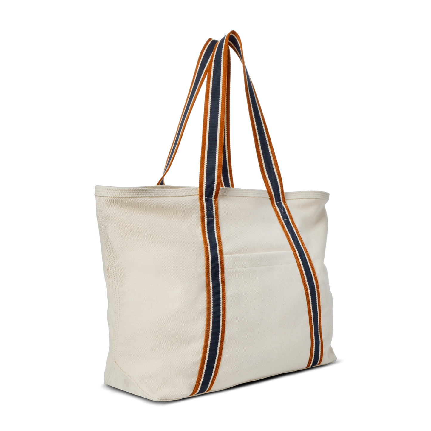 The Shinola Large Easy Canvas Tote - Natural features wide handles, navy blue, orange, and beige stripes, a front exterior slip pocket, and a spacious open compartment for easy organization.