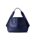 The Runwell Shoulder Bag - Lake by Shinola is a navy tote with wide handles, a spacious structured design, and an interior leather card pocket, shown against a plain white background.