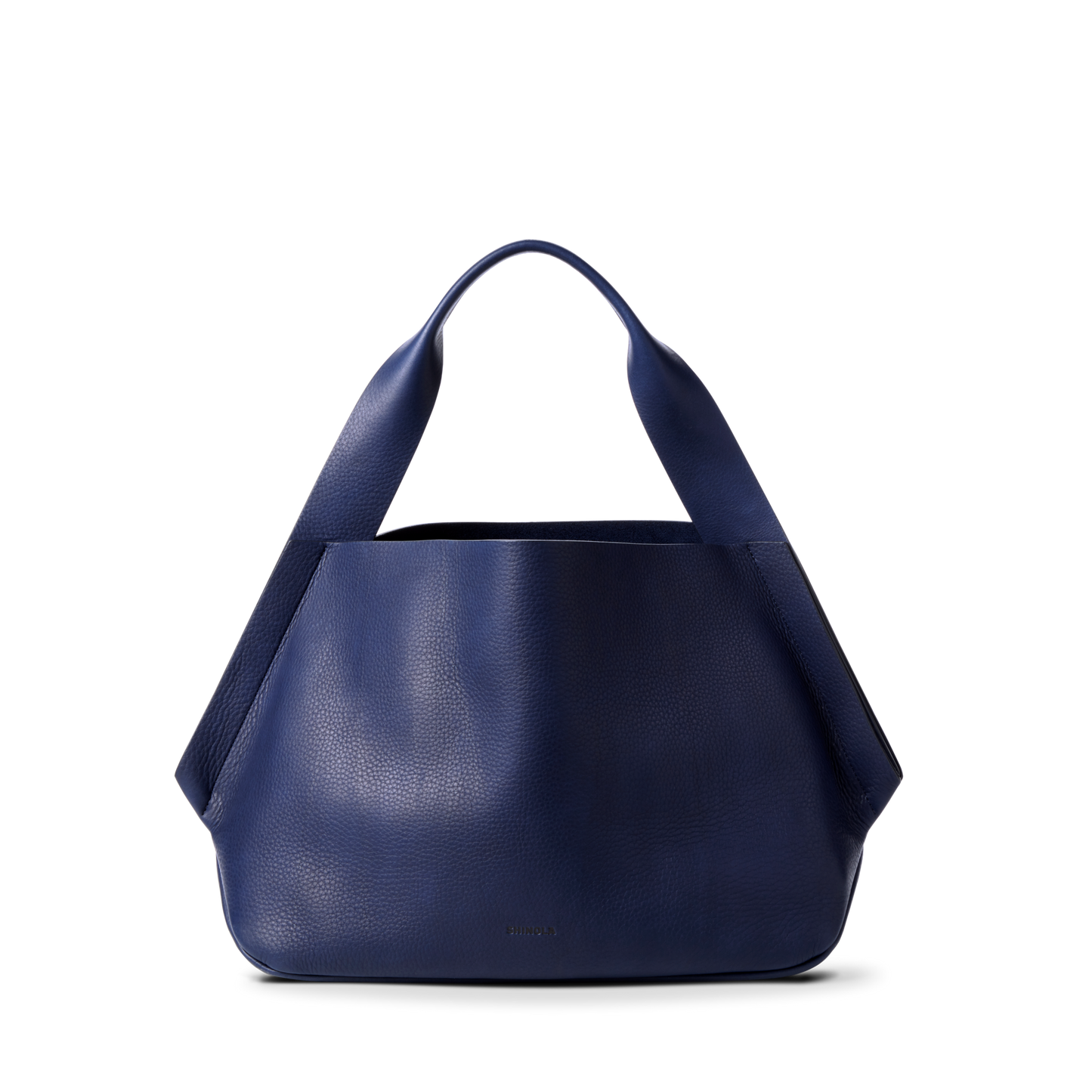 The Runwell Shoulder Bag - Lake by Shinola is a navy tote with wide handles, a spacious structured design, and an interior leather card pocket, shown against a plain white background.