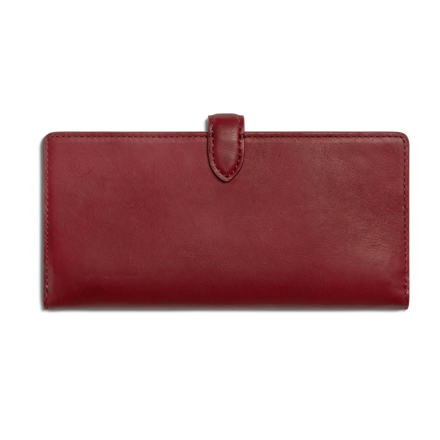 The Shinola Continental Snap Wallet - Ruby is a closed, rectangular wallet crafted from natural leather with a top snap closure tab, shown against a plain white background.
