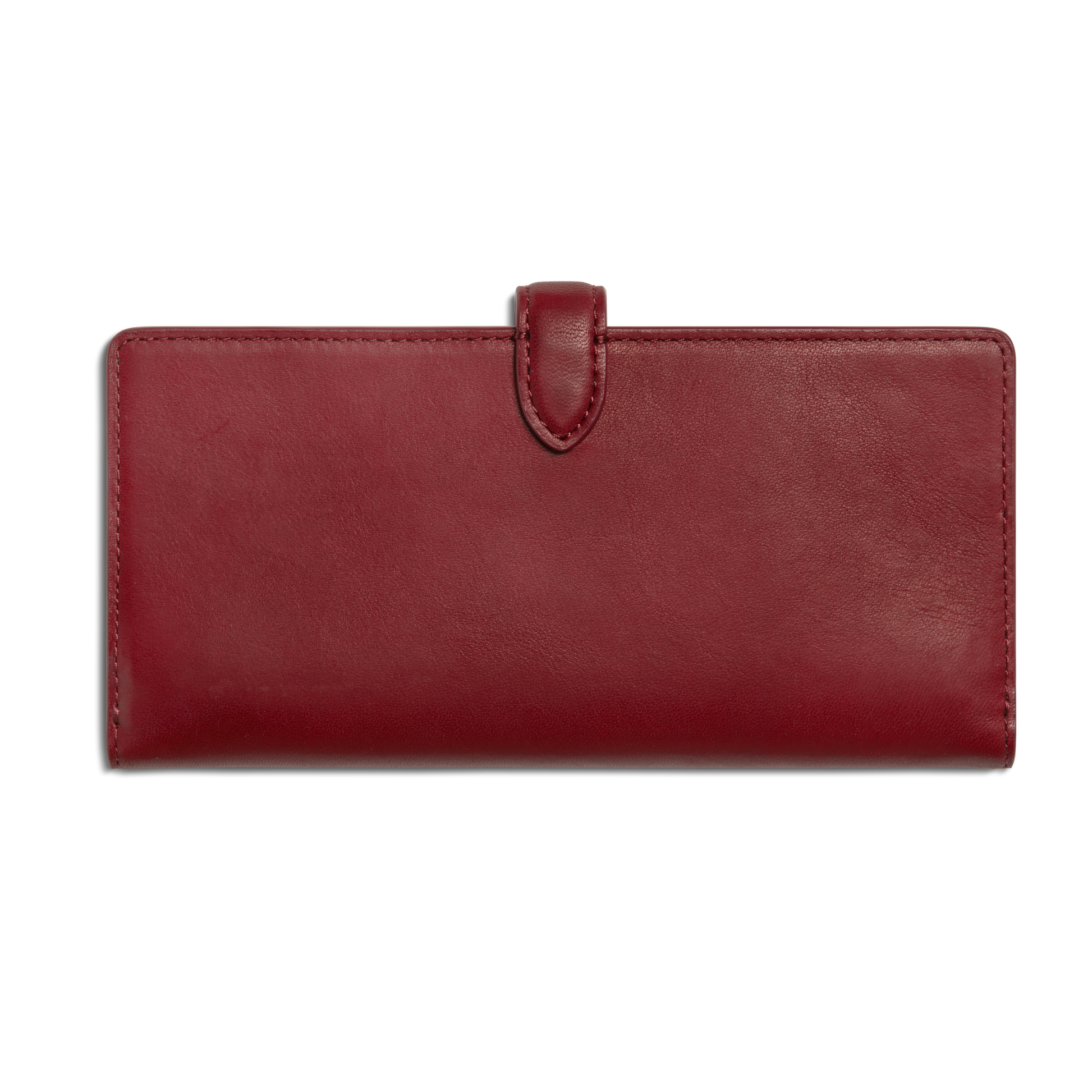 The Shinola Continental Snap Wallet - Ruby is a closed, rectangular wallet crafted from natural leather with a top snap closure tab, shown against a plain white background.