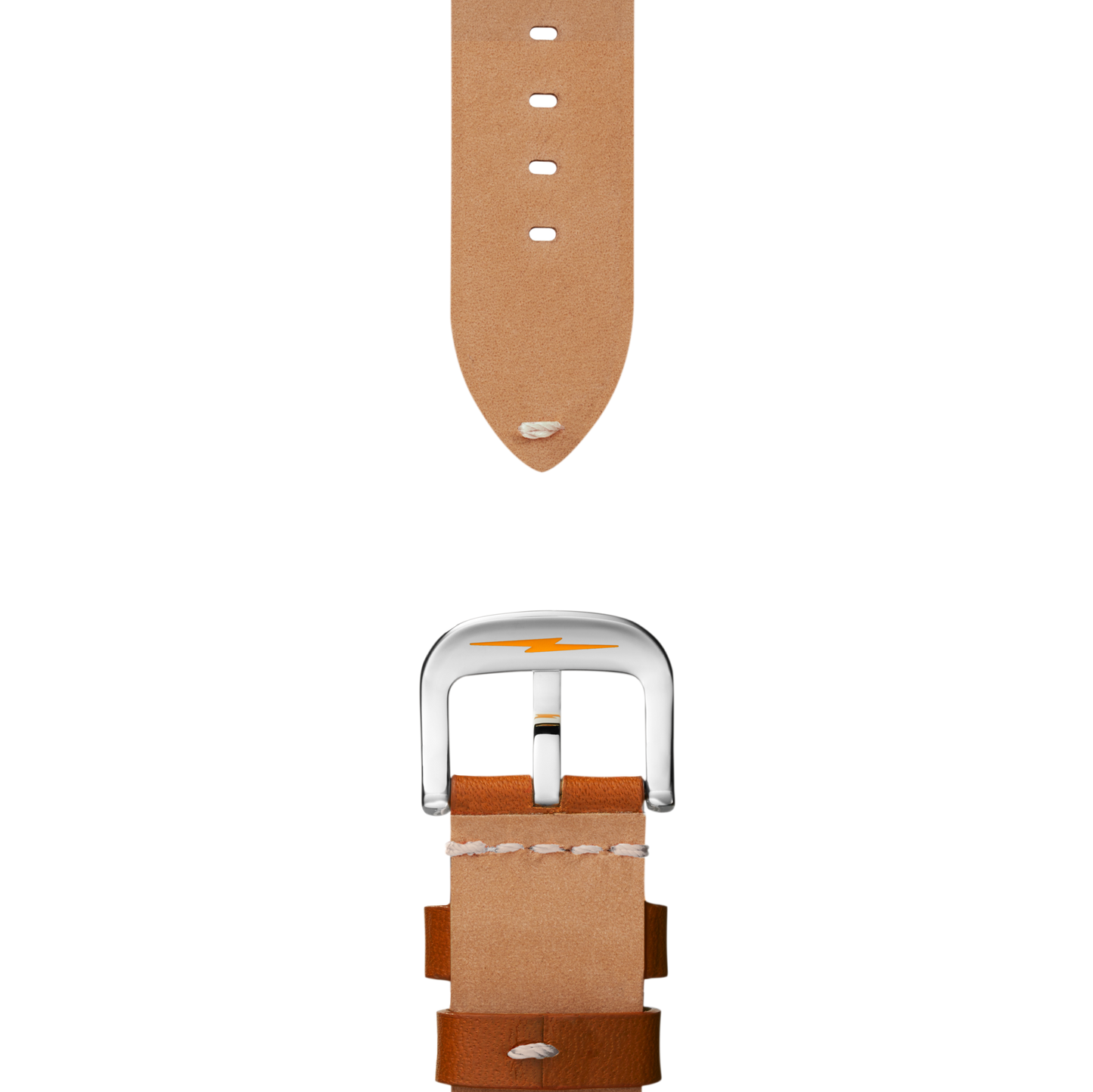 Close-up of the Shinola 20mm Tan Leather Watch Strap—premium U.S.-made hand-sewn leather with beige stitching and an orange lightning bolt on the silver buckle. Both ends of the tan strap are shown on a white background.
