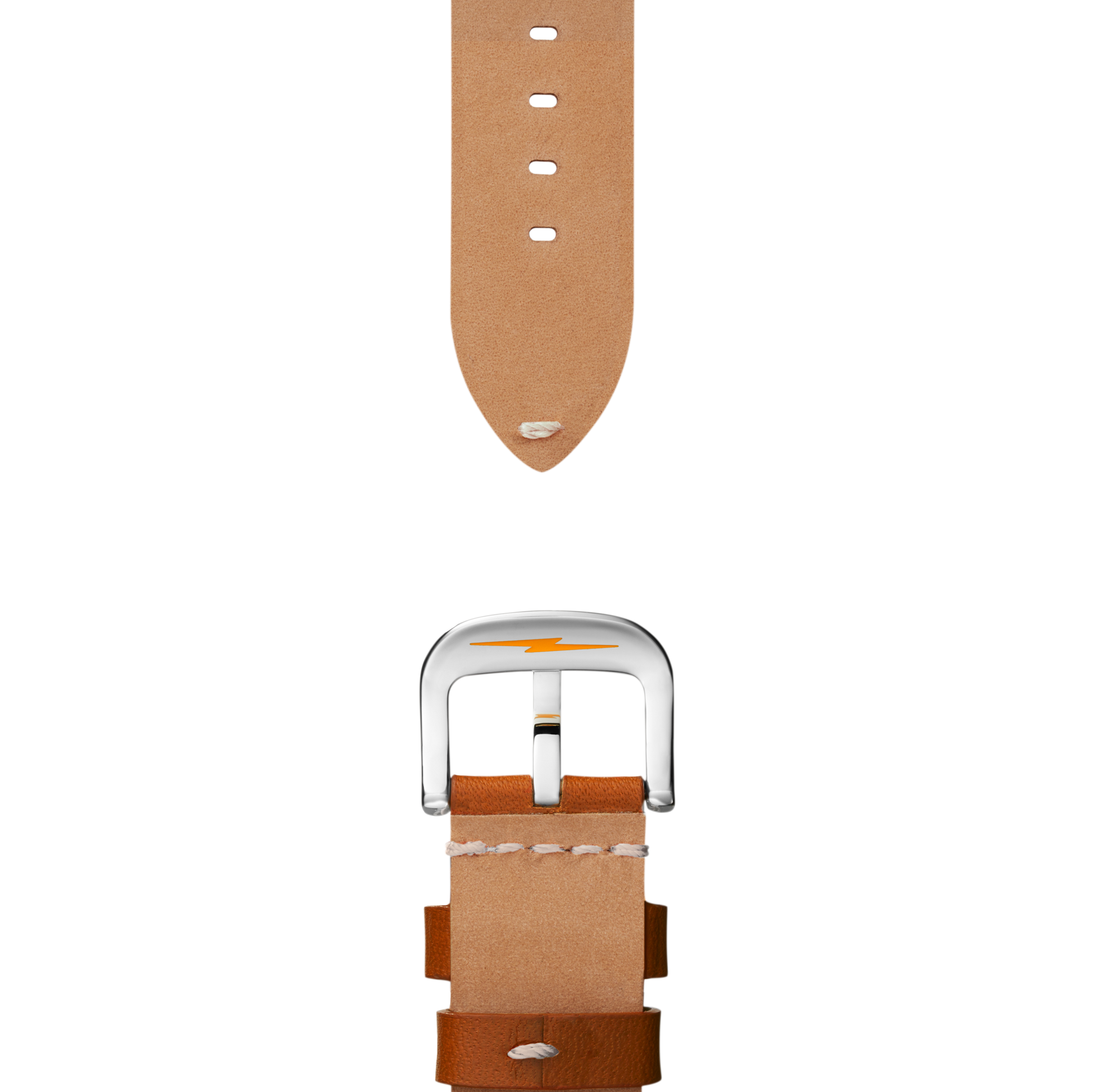 Close-up of the Shinola 20mm Tan Leather Watch Strap—premium U.S.-made hand-sewn leather with beige stitching and an orange lightning bolt on the silver buckle. Both ends of the tan strap are shown on a white background.