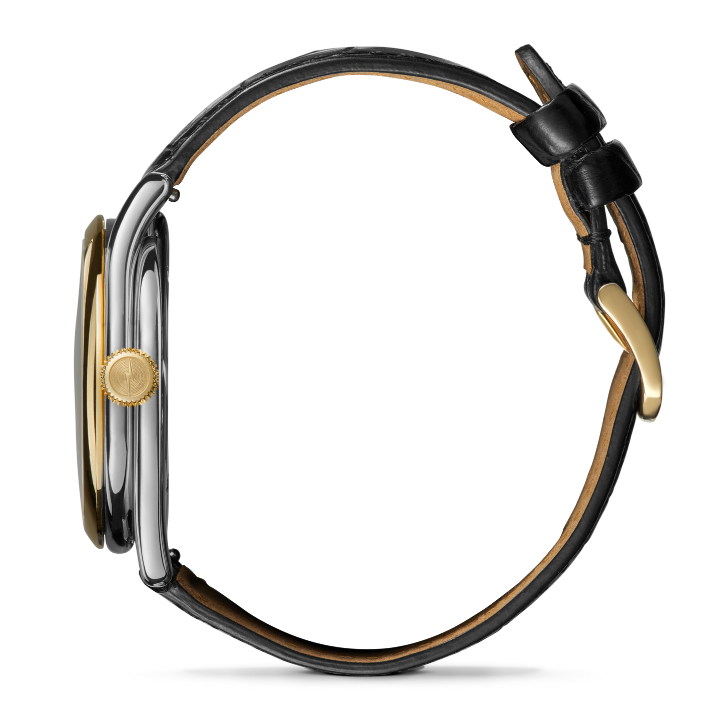 Side view of the Shinola Celestial Derby Watch - Black Mother of Pearl Diamond, featuring a black leather strap, gold-tone crown and case edges, visible buckle, thickness, and a glimpse of its celestial window on the unique dial.