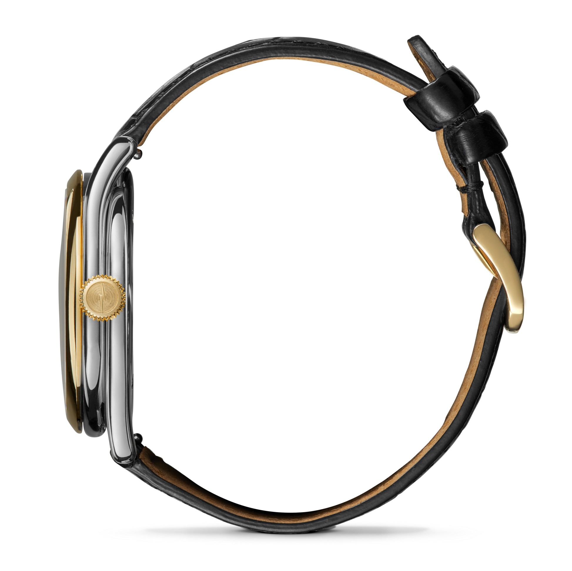 Side view of the Shinola Celestial Derby Watch - Black Mother of Pearl Diamond, featuring a black leather strap, gold-tone crown and case edges, visible buckle, thickness, and a glimpse of its celestial window on the unique dial.