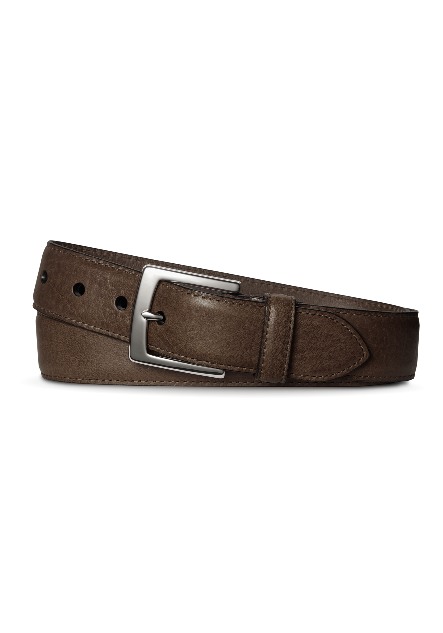 The Shinola 1 1/2" Bedrock Belt in dark brown, made from signature leather with a silver-tone rectangular buckle, is shown coiled on a white background.