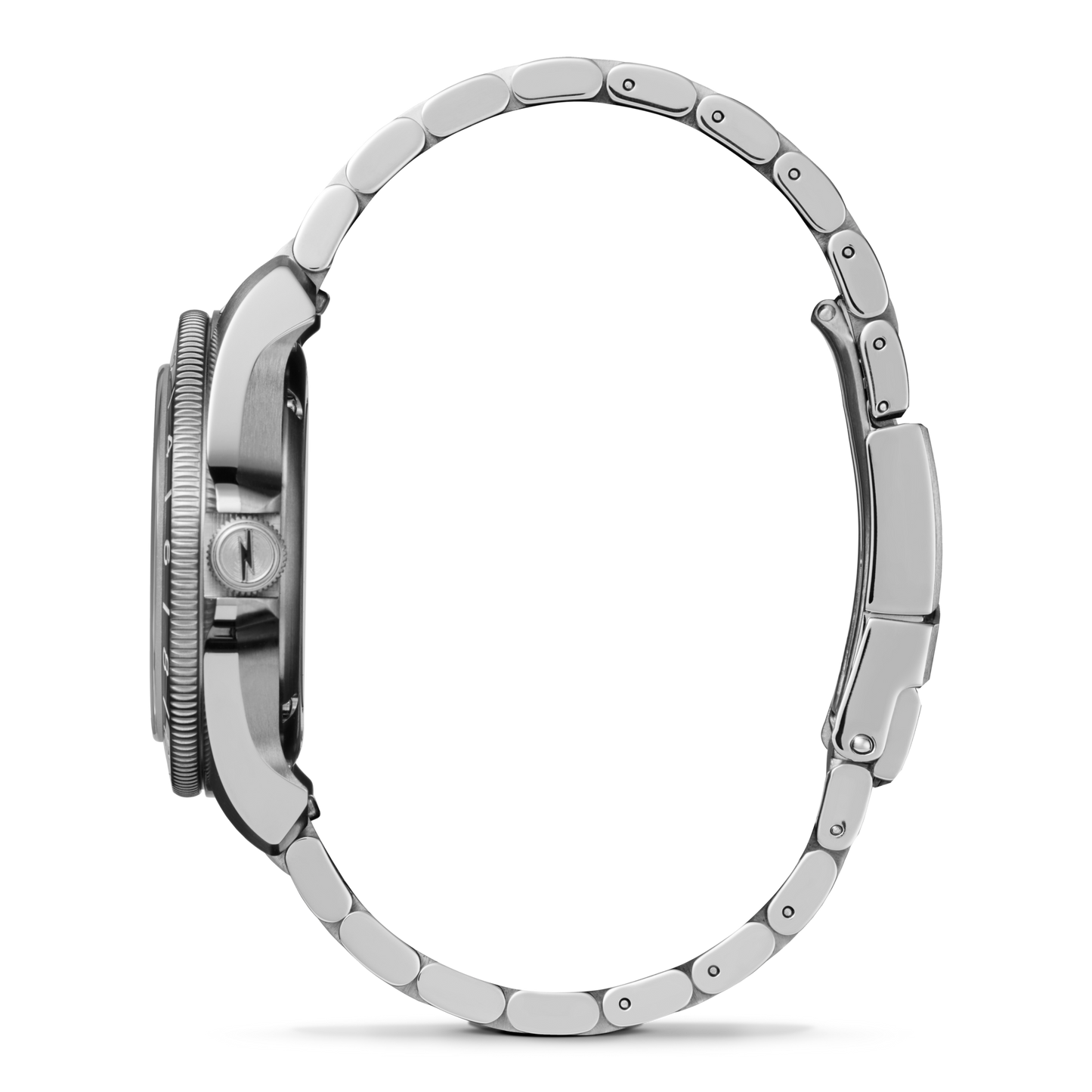 Side view of the Shinola Monster GMT Automatic Watch - Whiskey, featuring a silver linked band, round case, ridged bezel, and side crown—an ideal traveler’s watch with automatic movement on a plain white background.