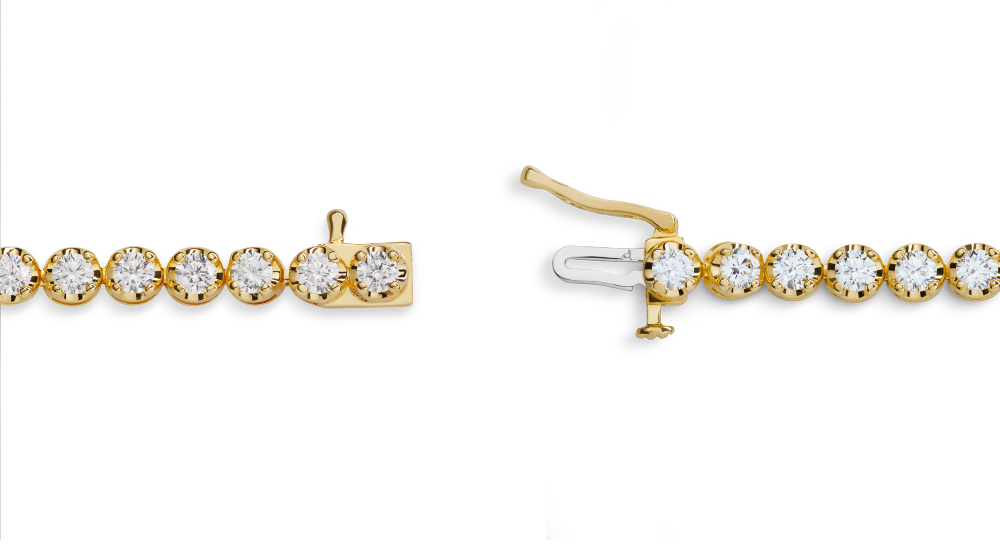 A close-up of the Shinola 4 Carat 7" Diamond Tennis Bracelet in yellow gold, featuring round Brilliant Cut Diamonds and an open box clasp, displayed on a white background.