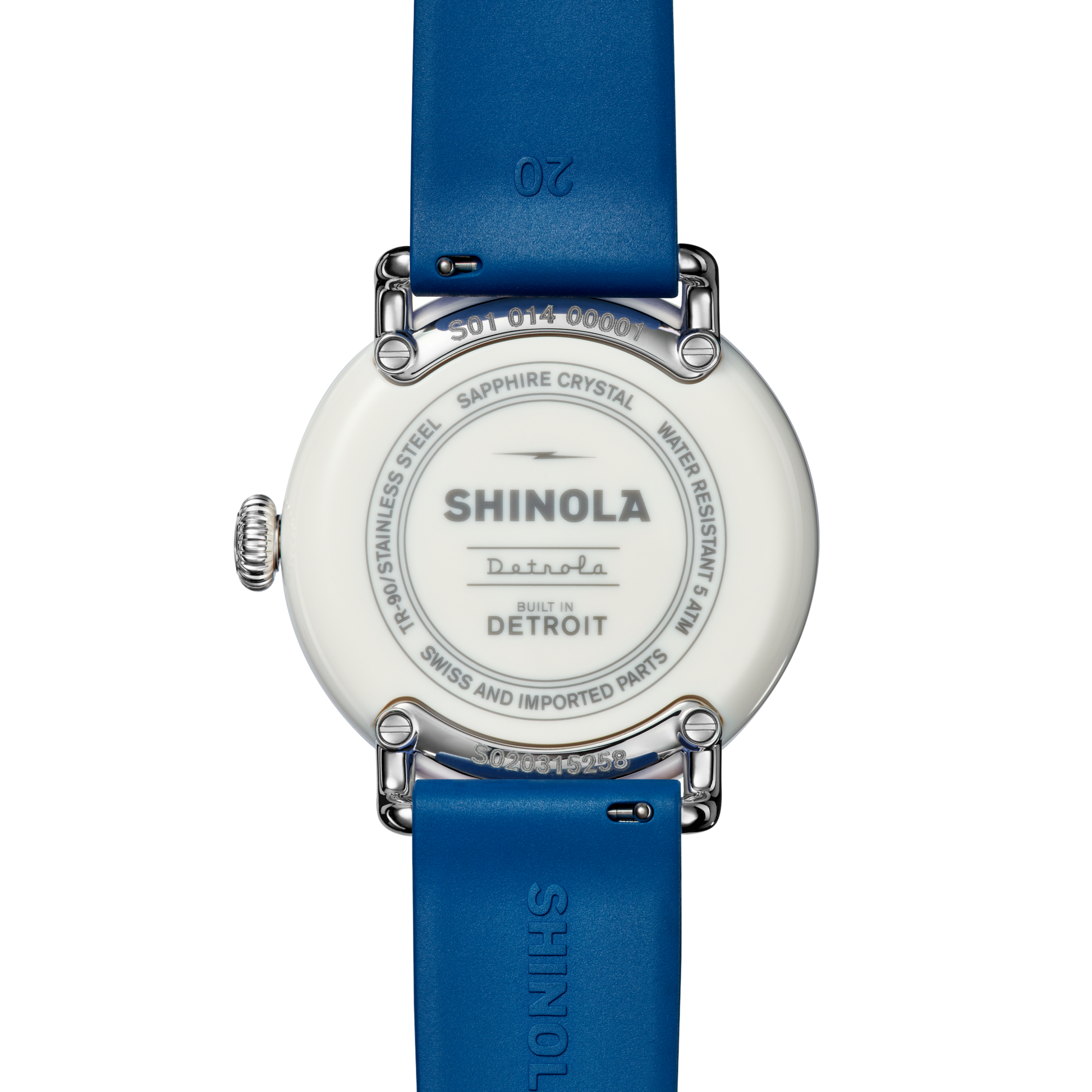 The back of the Shinola Detrola Watch - Blue features engraved details like Shinola branding, Detroit origins, materials used, and water resistance—a modern, stylish timepiece crafted for durability.