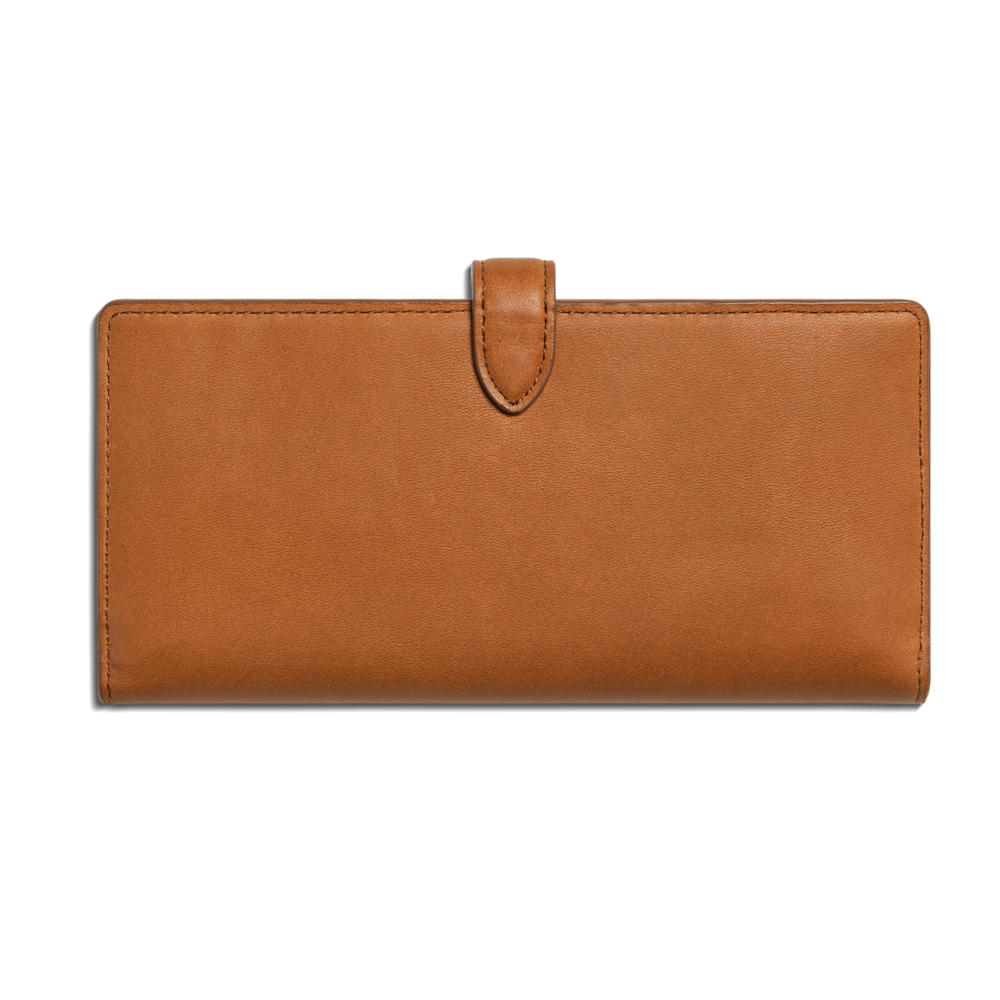 The Shinola Continental Snap Wallet - Tan is a rectangular natural leather wallet with a flap and snap closure, displayed on a white background.