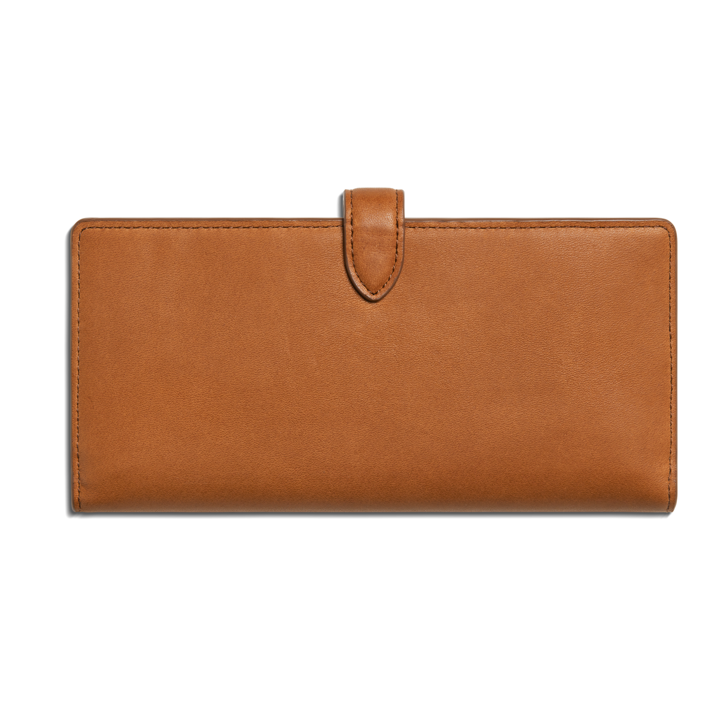 The Shinola Continental Snap Wallet - Tan is a slim natural leather wallet with a brown exterior and snap closure tab, shown against a plain white background.