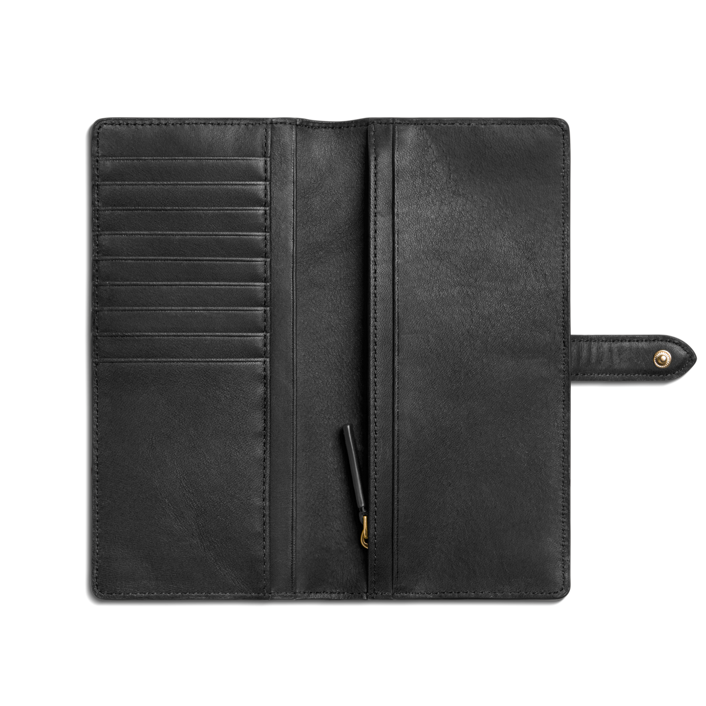The Shinola Continental Snap Wallet - Black features natural leather, multiple card slots on the left, a central zippered pocket with a pen, and a snap tab closure on the right, all showcased when open flat.