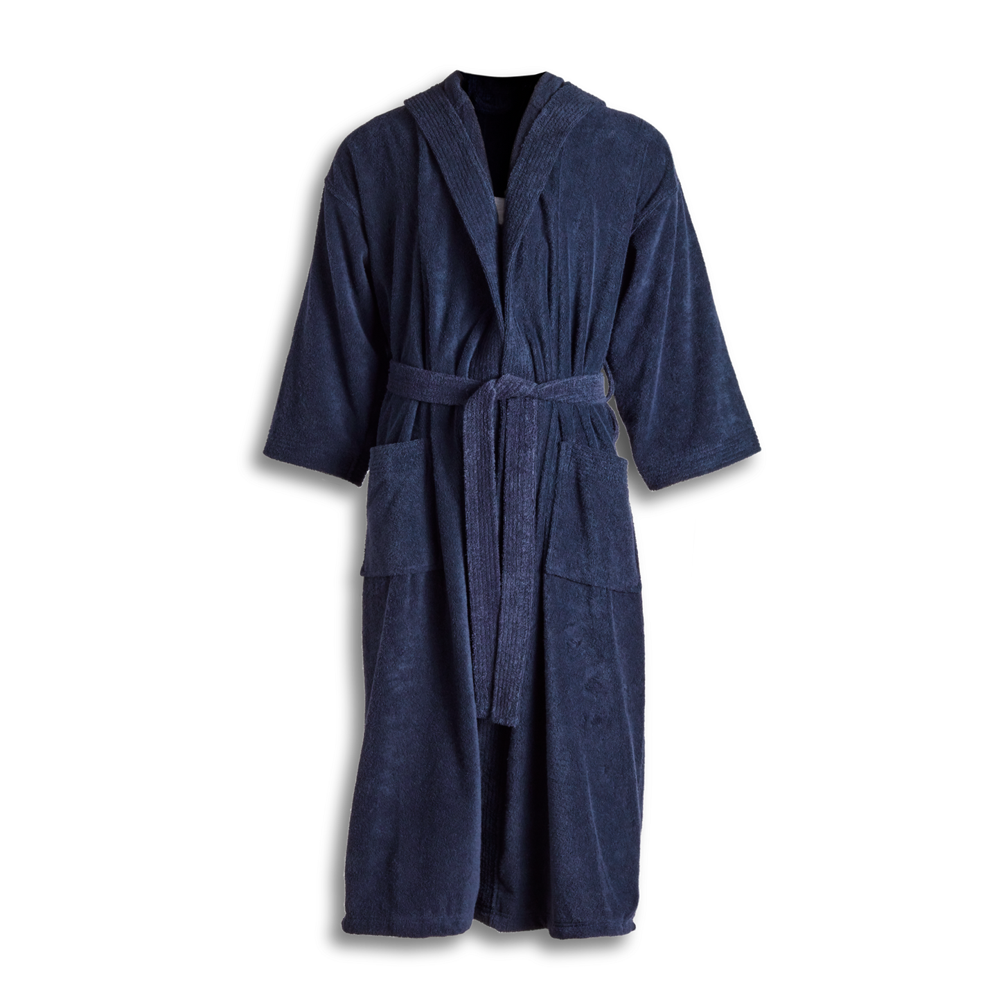 The Shinola Hotel Detroit Robe - Navy by Shinola is an ultra-plush cotton bathrobe with long sleeves, two front pockets, a shawl collar, and a matching waist belt, shown against a plain white background.