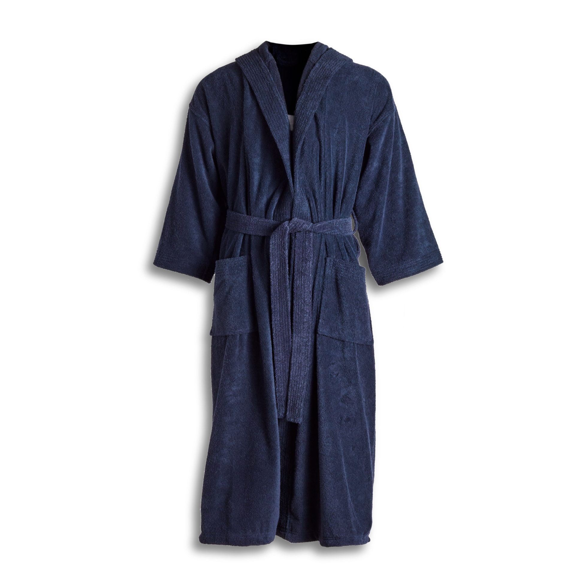 The Shinola Hotel Detroit Robe - Navy by Shinola is an ultra-plush cotton bathrobe with long sleeves, two front pockets, a shawl collar, and a matching waist belt, shown against a plain white background.