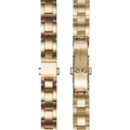 Two Shinola Bracelet: 14/10, Universal 3Link, Butterfly A, PoPG - Polished PVD Gold bands are shown side by side on a white background—one with the clasp closed and one open—highlighting their polished linked design.