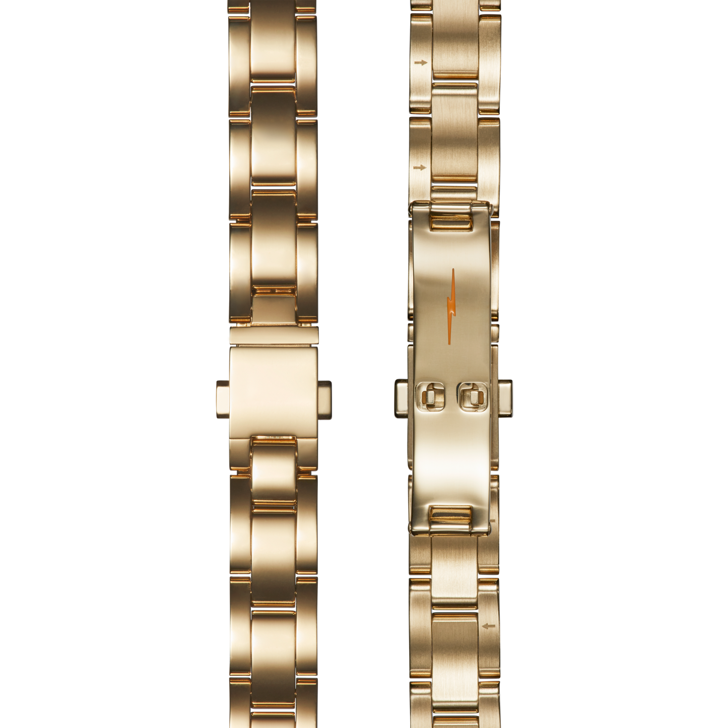 Shinola's Bracelet: 14/10 Universal 3Link Butterfly A PoPG, in polished PVD gold, is shown flat on a white background, highlighting its shiny links and butterfly clasp in both clasped and unclasped views.