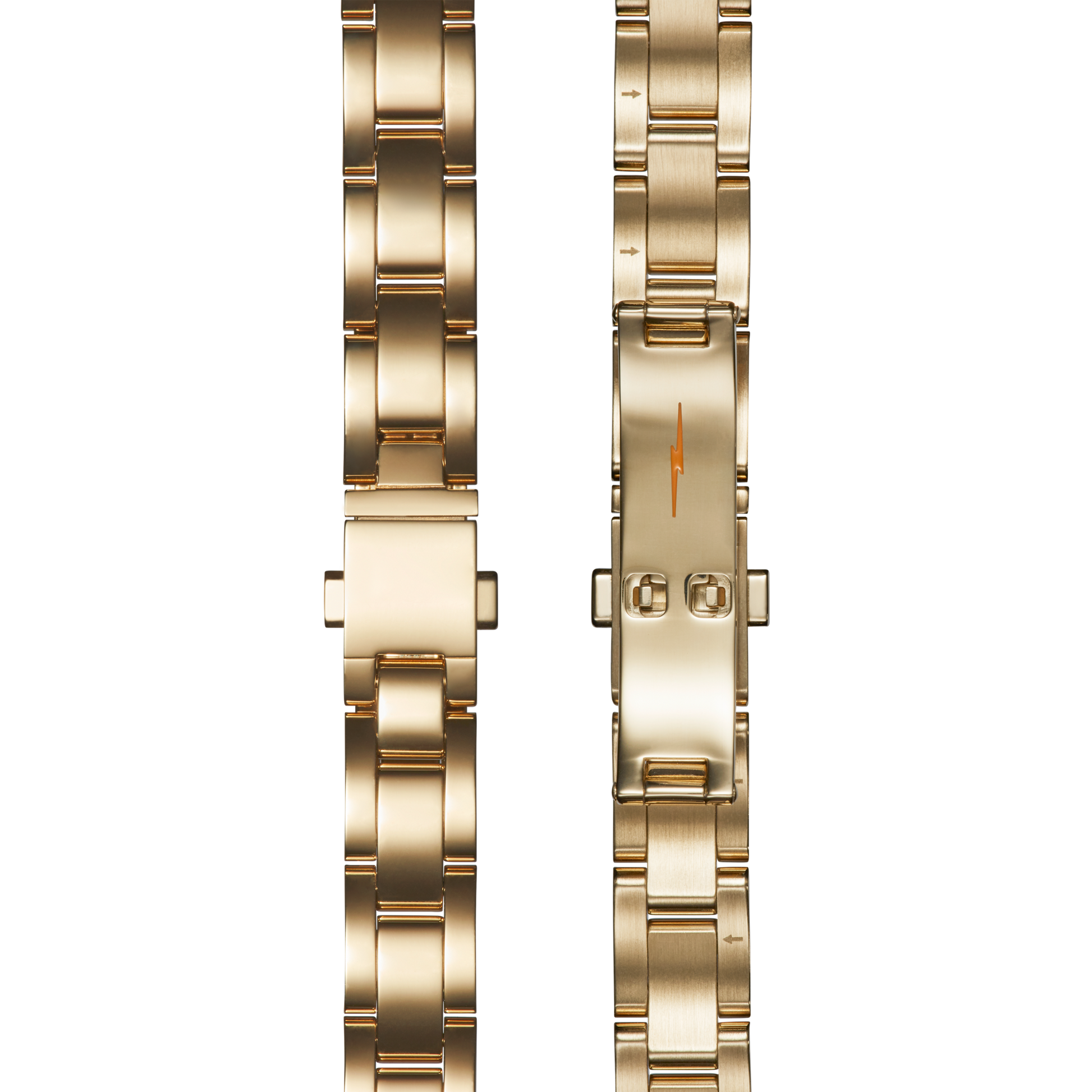 Shinola's Bracelet: 14/10 Universal 3Link Butterfly A PoPG, in polished PVD gold, is shown flat on a white background, highlighting its shiny links and butterfly clasp in both clasped and unclasped views.
