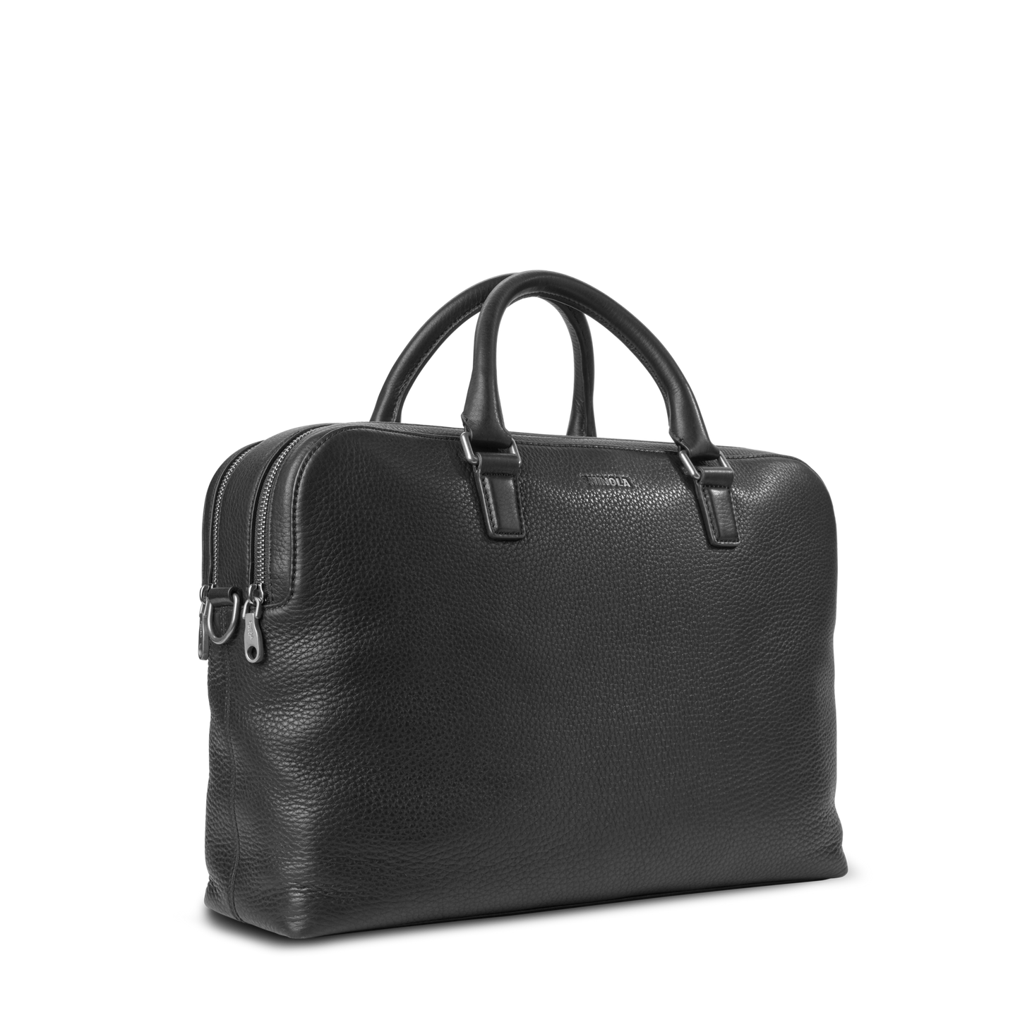 The Shinola Double Zip Briefcase - Black, featuring Natural Grain leather, two handles, silver zippers, and a textured finish, is displayed on a plain white background.
