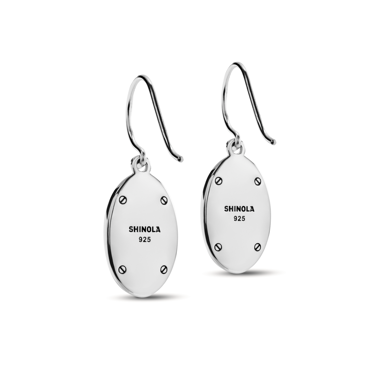 The Heirloom Drop Turquoise Earrings by Shinola feature an oval shape, sterling silver with a smooth finish, decorative screw details, "Shinola 925" engraving, and are displayed on a white background.
