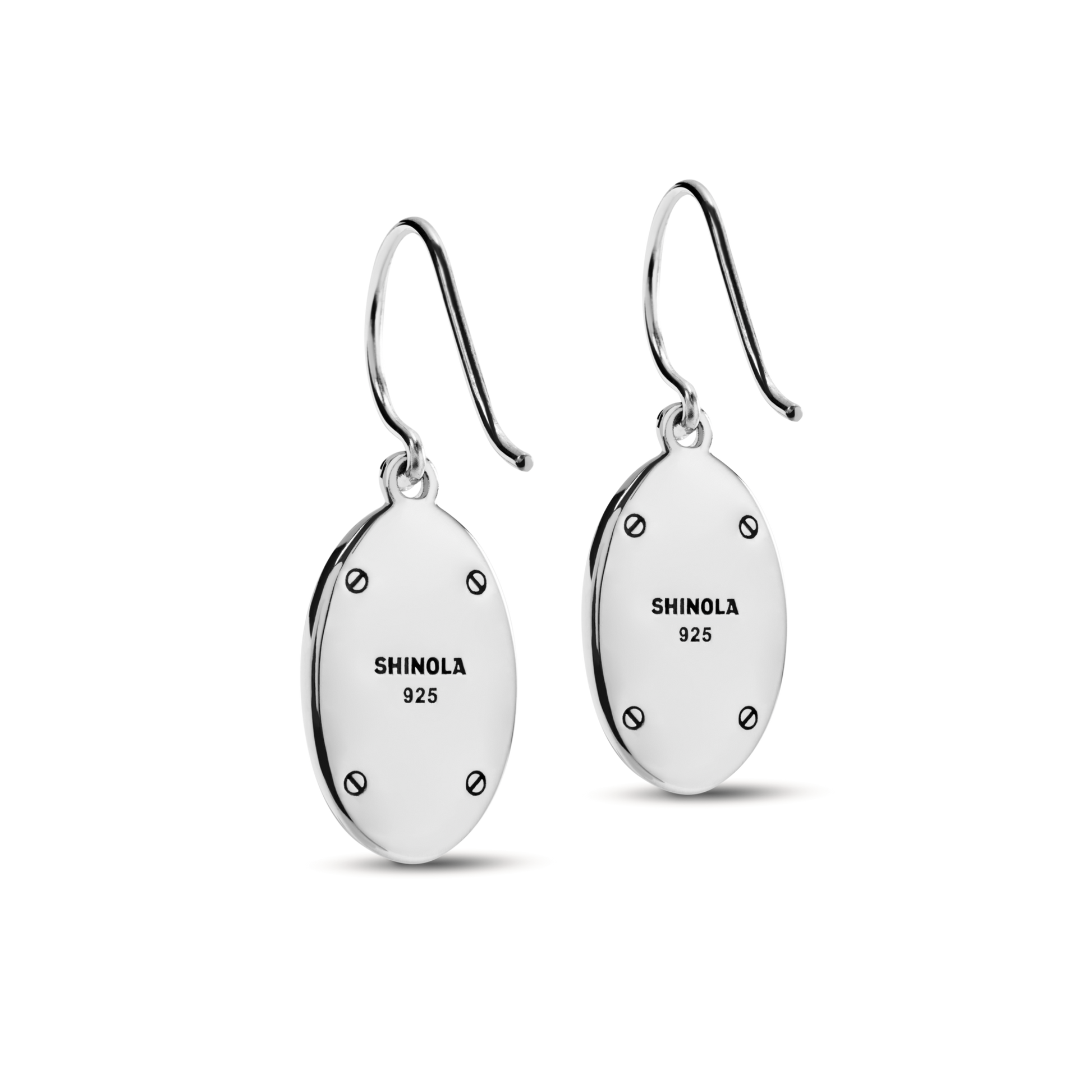 The Heirloom Drop Turquoise Earrings by Shinola feature an oval shape, sterling silver with a smooth finish, decorative screw details, "Shinola 925" engraving, and are displayed on a white background.