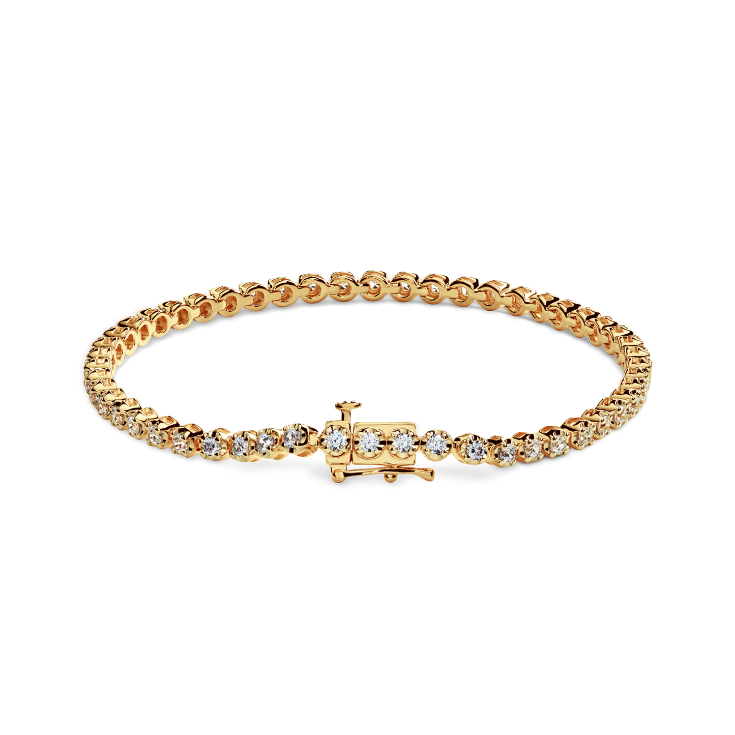 The Shinola 2 Carat 7" Diamond Tennis Bracelet in yellow gold features a single row of brilliant cut diamonds and a secure clasp, elegantly displayed on a white background.