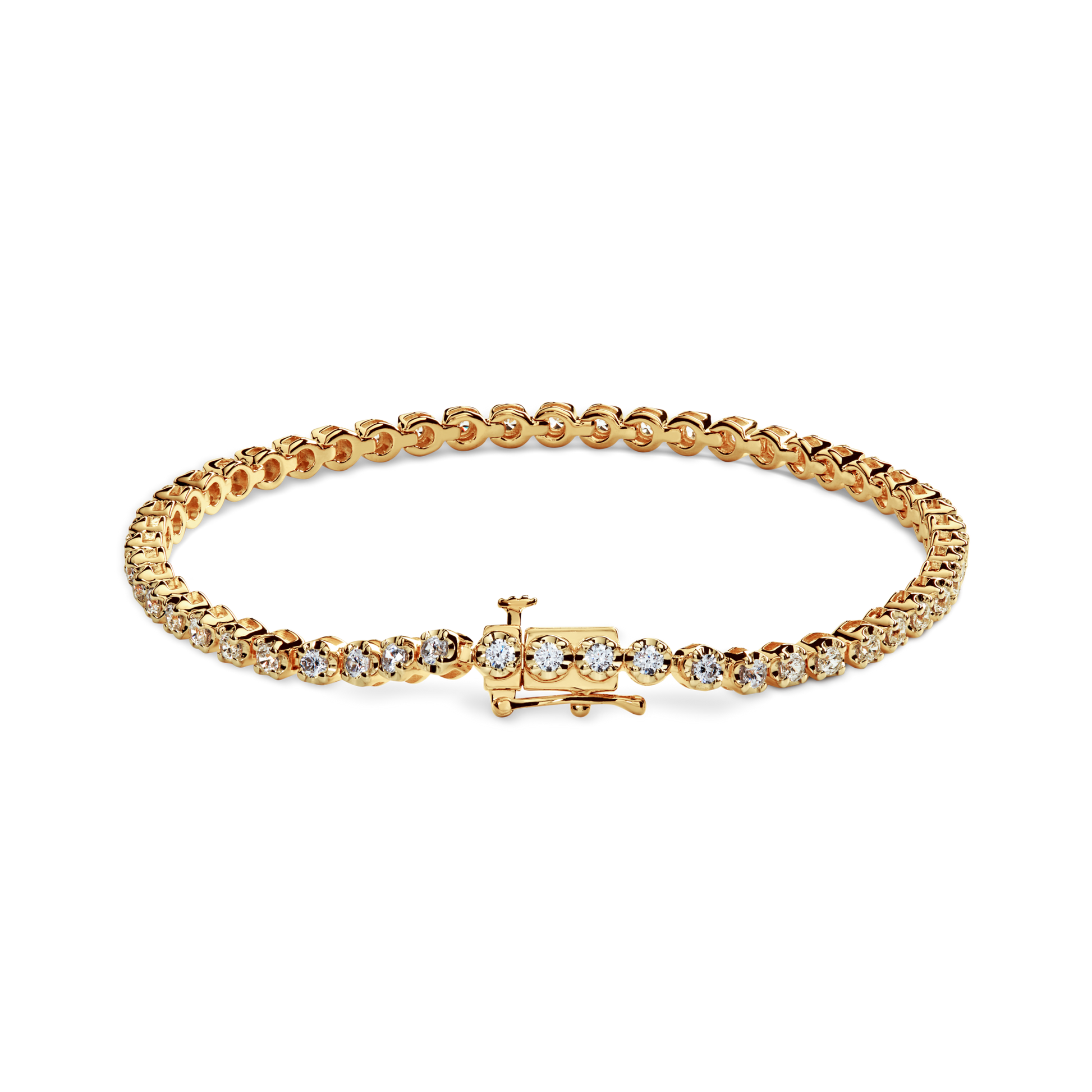 The Shinola 2 Carat 7" Diamond Tennis Bracelet in yellow gold features a single row of brilliant cut diamonds and a secure clasp, elegantly displayed on a white background.