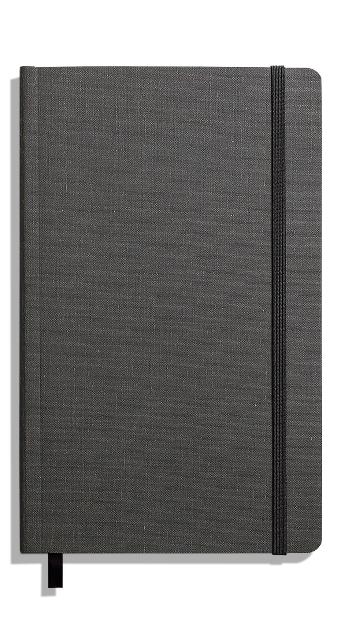 The Shinola Medium Soft Ruled Journal in charcoal, featuring a fabric-textured gray hardcover, elastic right-edge closure, and black ribbon bookmark, rests on a plain white background.