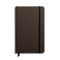 The Shinola Medium Hard Ruled Journal (5.25" x 8.25") is a closed brown hardcover notebook with rounded corners, a black elastic band, acid-free paper, and a black ribbon bookmark, displayed on a white background.