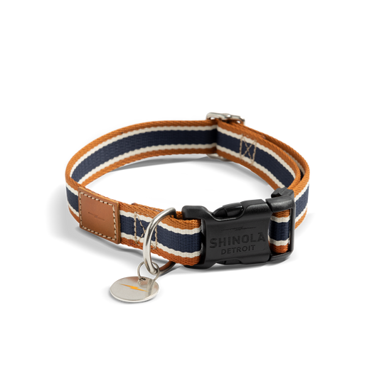The Shinola Nylon Dog Collar - Brand Stripe features orange, navy, and white stripes, a black Shinola Detroit buckle, silver ring, brown leather patch accent, and a round silver tag.