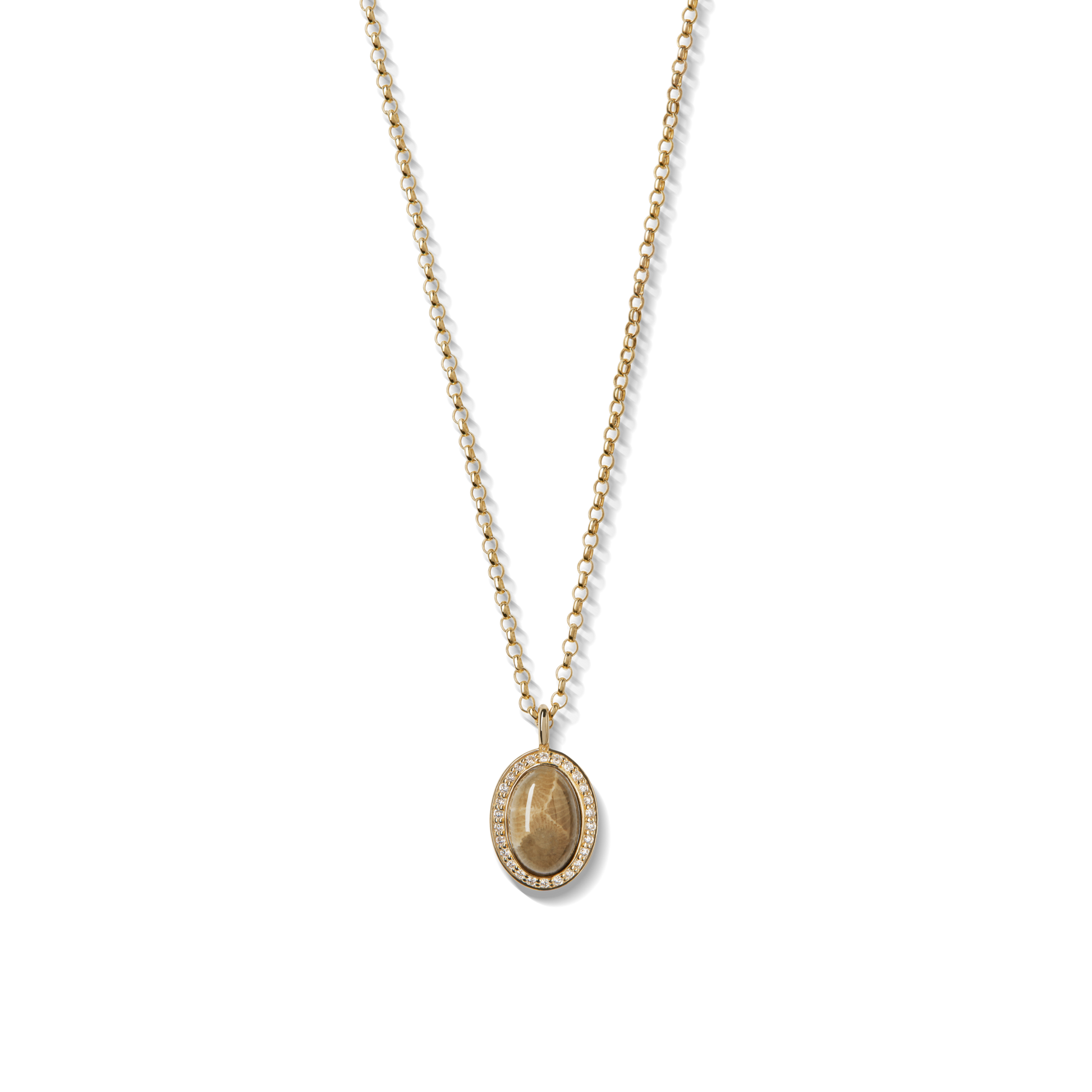 The Shinola Diamond Petoskey Petite Necklace in yellow gold features a round pendant with a raised letter L, bordered by clear gemstones, shown on a white background.
