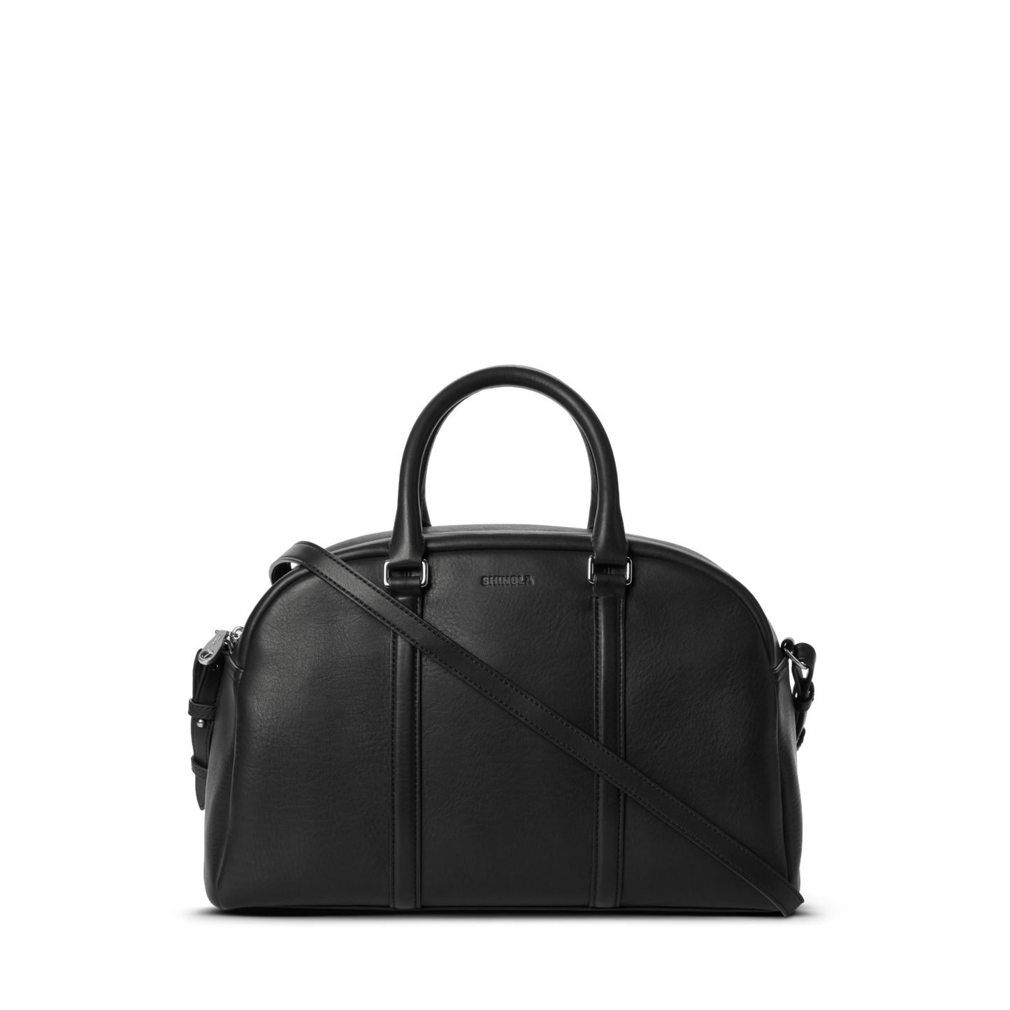 The Shinola Runwell Satchel - Black is a leather shoulder bag with two top handles, a detachable strap, minimal stitching, and a small embossed logo on the front, shown against a plain white background.