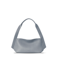 The Shinola Small Derby Shoulder Bag - Mist is a minimalist light blue petite shoulder bag crafted from natural leather, with a wide, curved strap, smooth structured body, and subtle embossed logo near the bottom center. Displayed on a white background.
