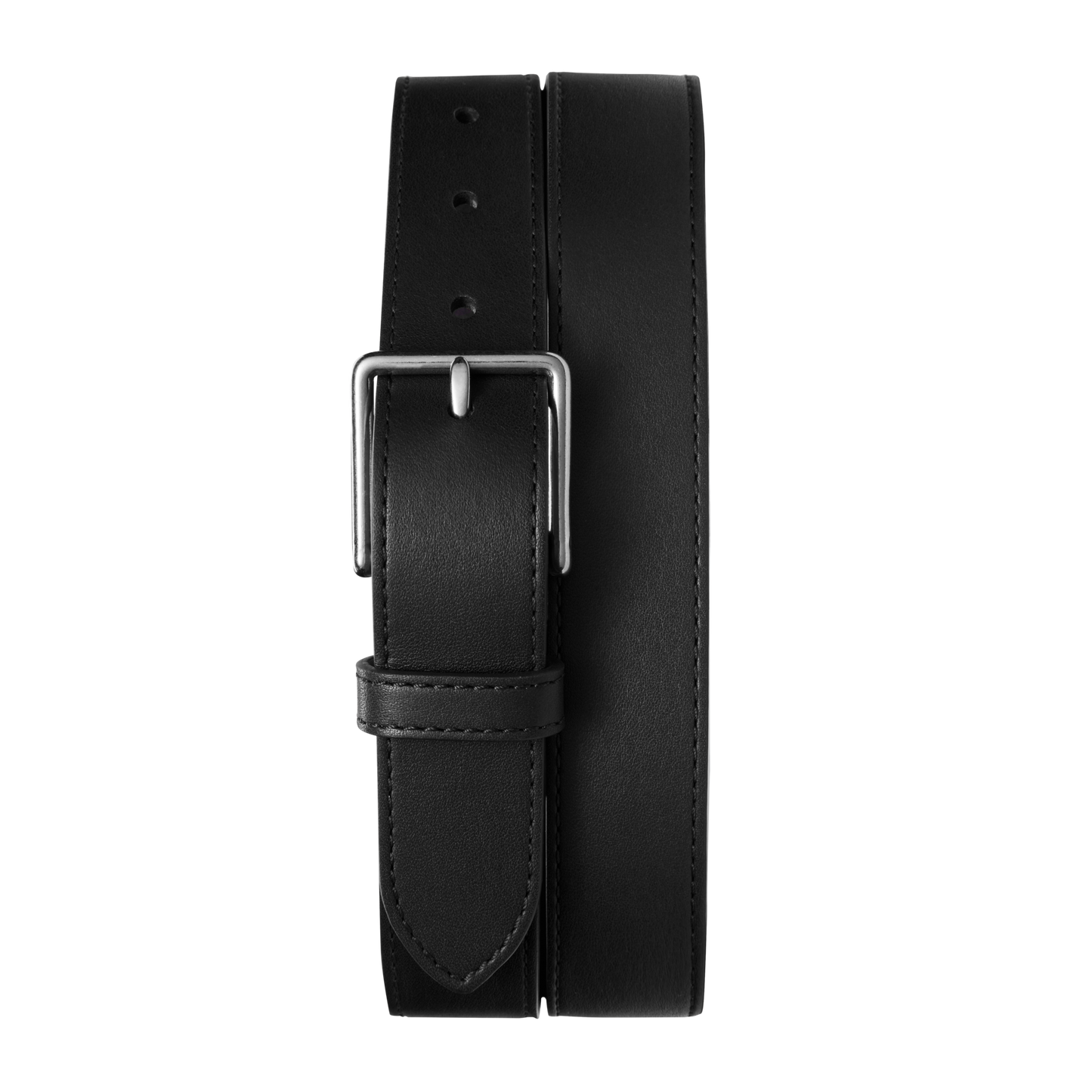 The Shinola 1 1/4" Dress Belt in black natural leather features a sleek silver rectangular buckle, shown against a white background.
