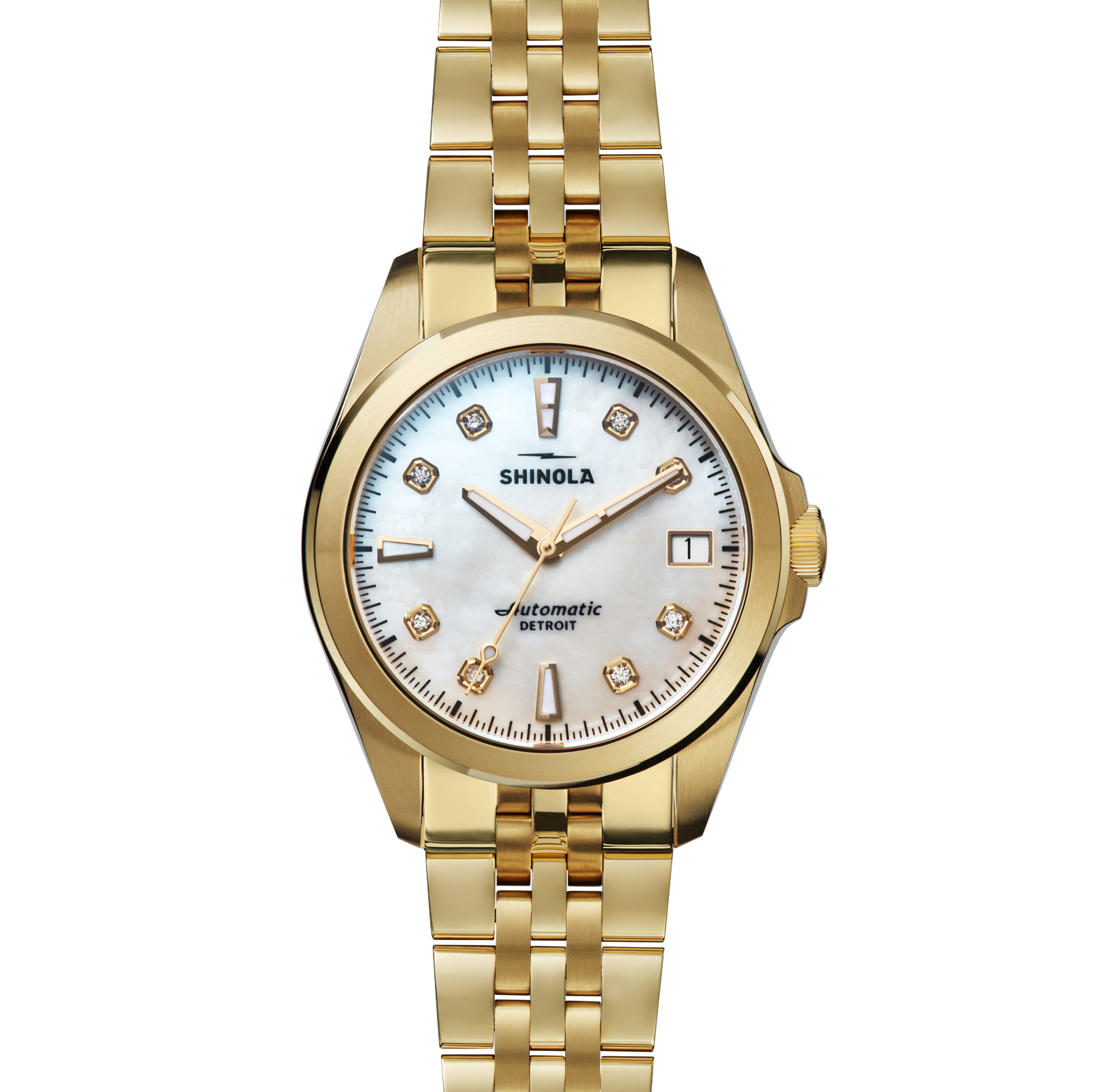 A Shinola Circadian Monster Automatic Watch with a linked gold band, white mother-of-pearl dial, diamond indices, gold hands, and date window at 3 o'clock is pictured on a white background.